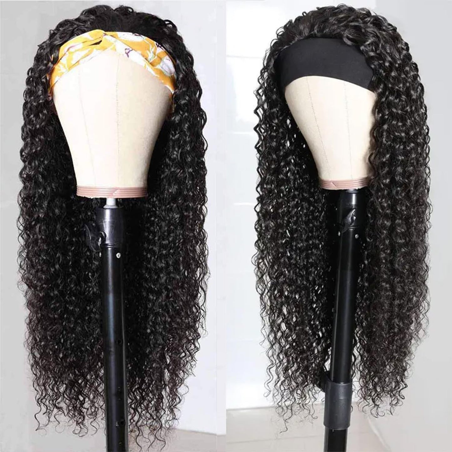 Headband Wig Deep Wave Human Hair Wigs Virgin Hair Wigs Brazilian Remy Hair Glueless Non Lace Front Wig for Black Women Wear and Go Wigs Deep Curly Wave Headband Wig (28 Inch, Natural Color)