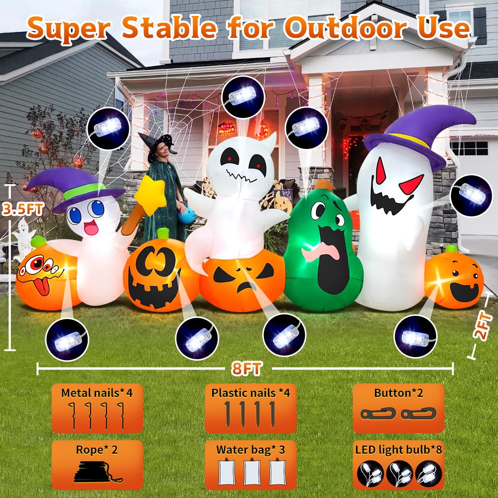 8 FT Halloween Inflatables Blow up Outdoor Decoration, Inflatable Ghost with Pumpkin Led Light Inflatables Outdoor Decor Blow up Inflatables for Holiday Party Lawn Yard Garden Decor