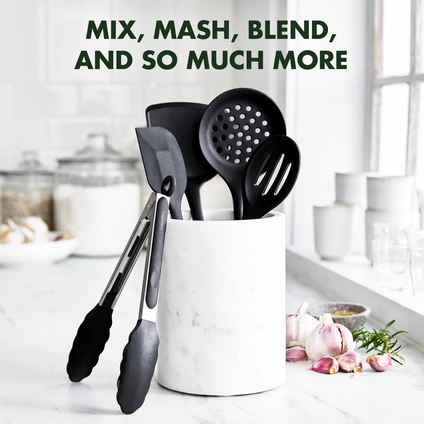GreenPan 5 Piece Cooking Utensil Set, Flexible Nonstick Silicone, Stain-Free, Tongs, Turner, Spatula, Skimmer, and Slotted Spoon, Black