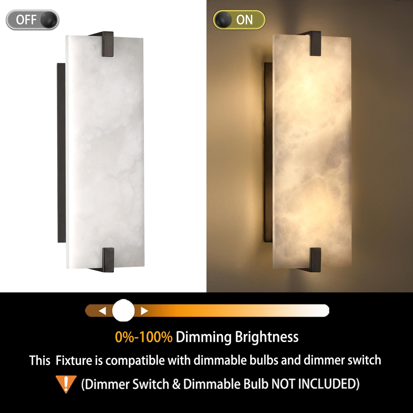 2 Pack 2 Light 15.63" Natural Square Alabaster Marble Bathroom Wall Sconce Modern Concise Style Wall Light Fixture,Black Finish for Bedroom Hallway Bedside Living Room