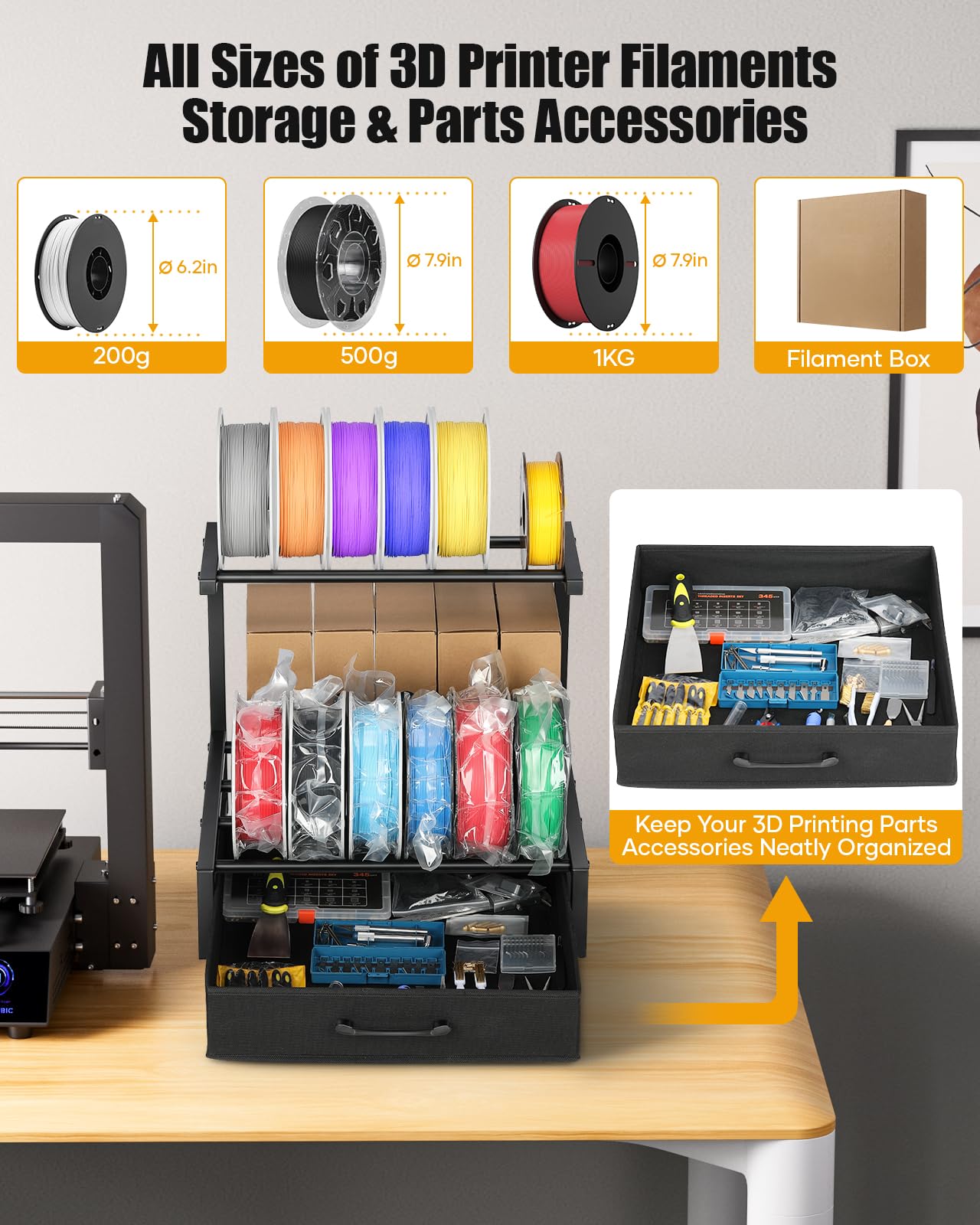 2-Tier Desktop Filament Storage Rack with Fabric Drawer - 3D Printer Filament Spools Holder Shelf for PLA/ABS/TPU Filaments, Tabletop Organizer for Home Office, Workshop Studio (Black Double Row)