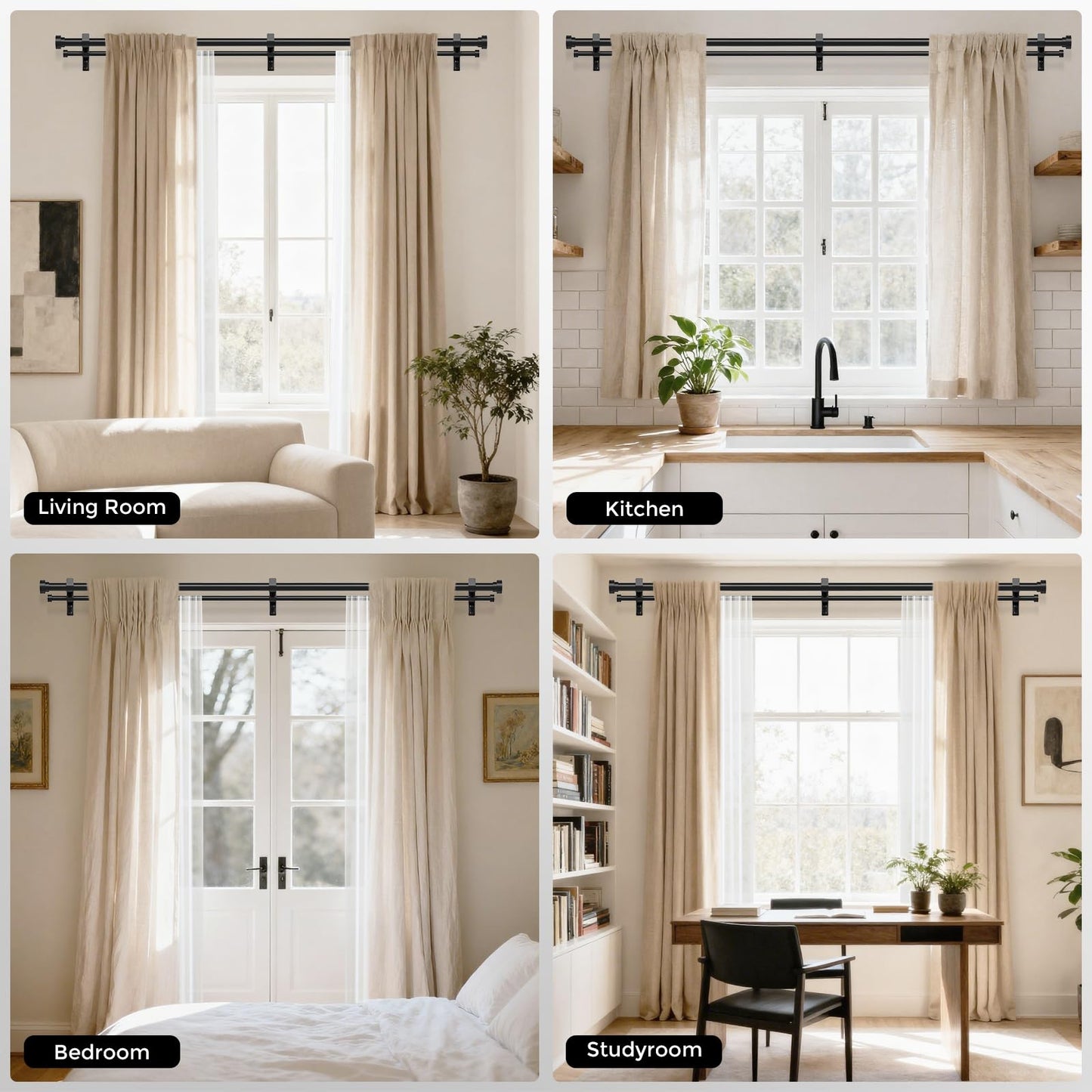 Double Curtain Rod, 1 Inch Black Extra Long Dual Curtain Rods 36 to 153 Inch with Aluminium Modern End Cap Finial, Adjustable Heavy Duty Window Treatment Rods, Spliced Metal Double Drapery Pole Set