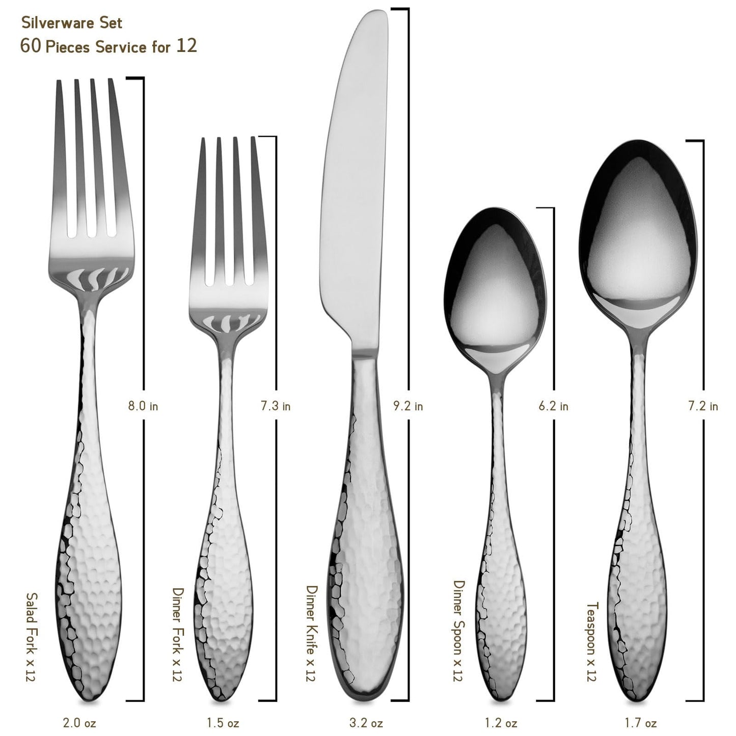 Alata Emma 60-Piece 18/10 Silverware Set, Hammered Flatware Set, Heavy Duty Stainless Steel Cutlery Set, Modern Kitchen Utensils, Dinnerware Sets Service for 12, Mirror Polished & Dishwasher Safe