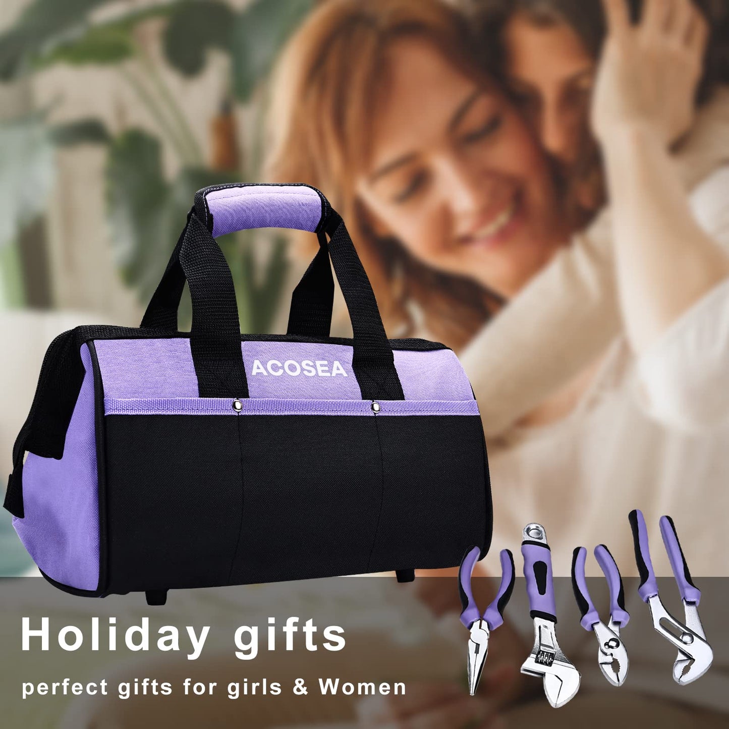 ACOSEA Purple Tool Set,223-Piece Tool Sets for Women,Tool Kit with 13-Inch Wide Mouth Open Purple Tool Bag,The Basic Tool Set is Perfect for Home Maintenance (PURPLE)
