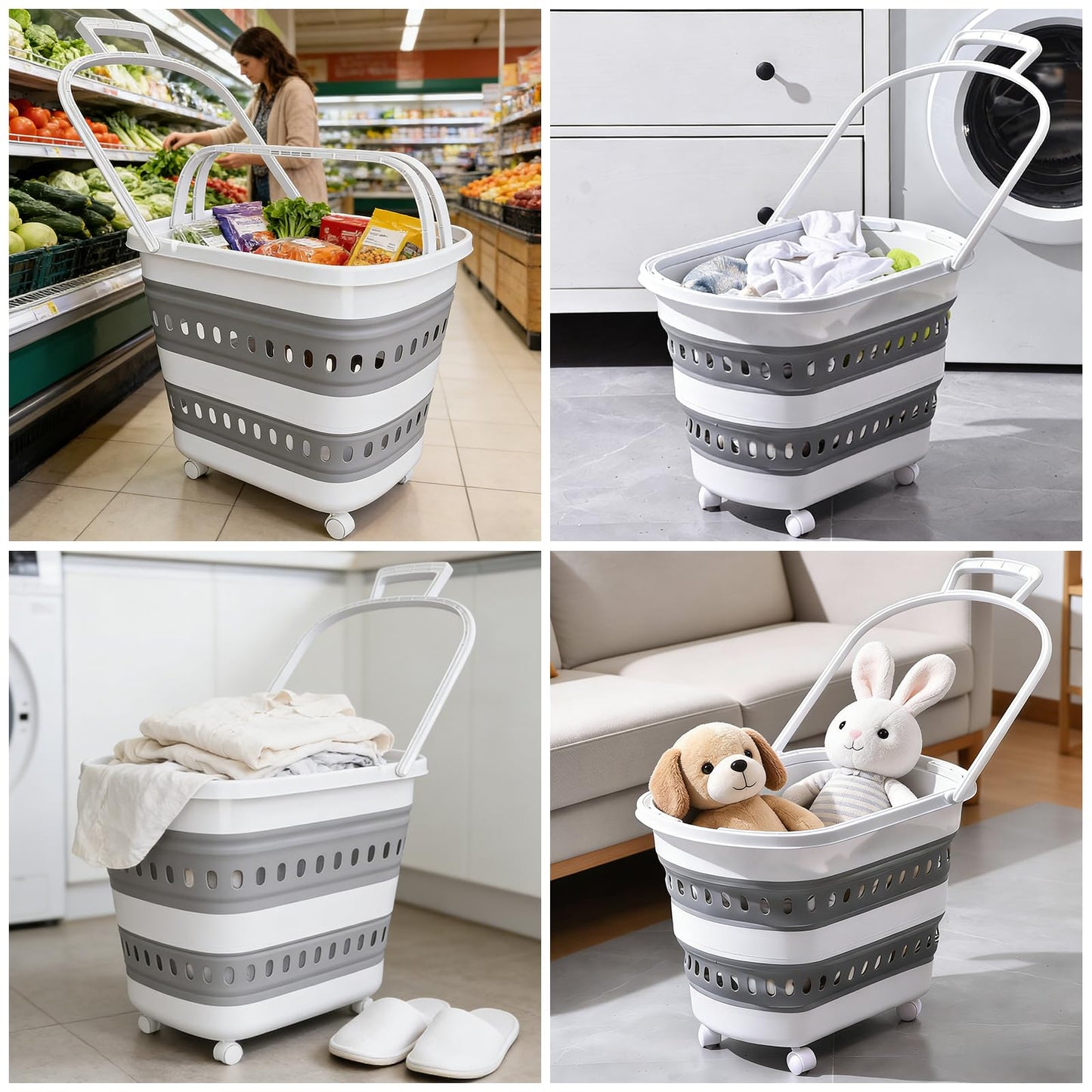 50L Collapsible Plastic Laundry Basket Hamper with Wheels, Foldable Laundry Basket with Handles, Pop Up Storage Container Organizer for Washing Storage