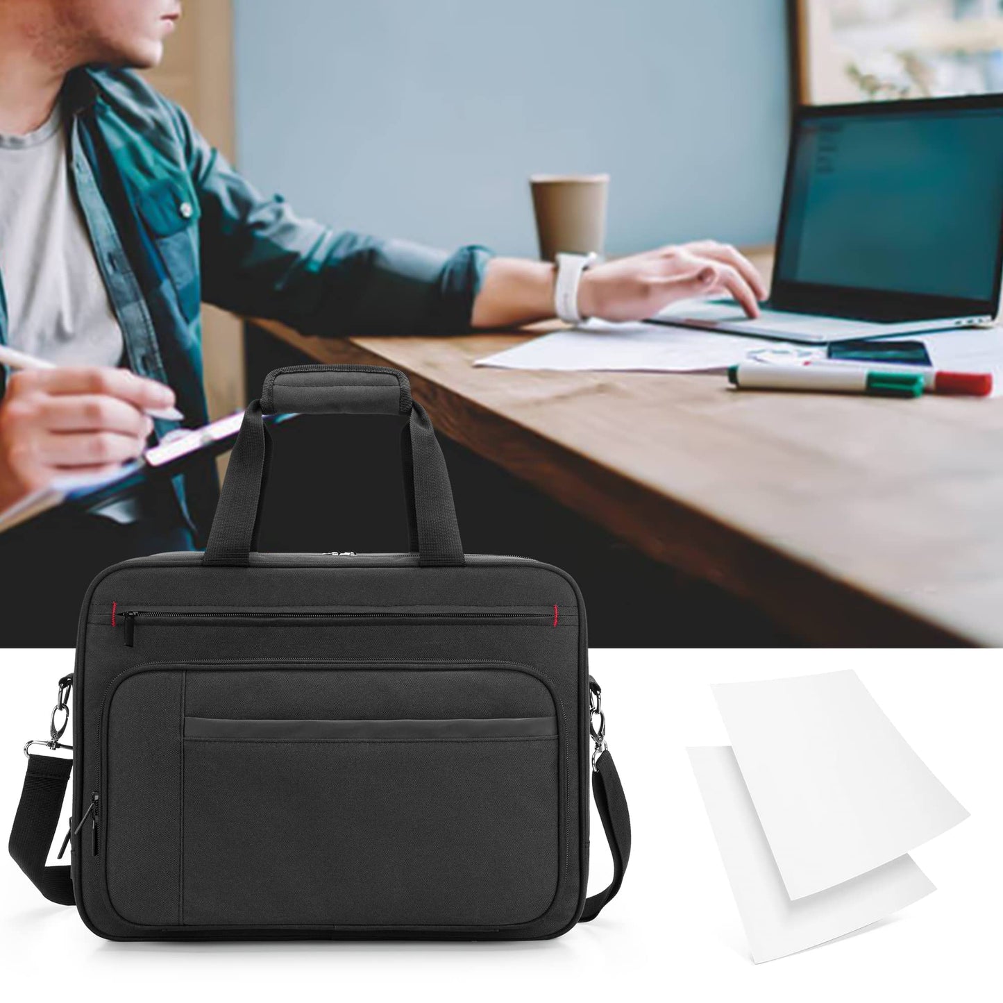 samdew Double-layer Portable Mobile Printer Storage Bag Compatible with HP Tango/Tango X, HP Officejet 250/200, Printer Carrying Case with 15.6" Laptop Layer, Shoulder & Trolley Strap, Bag Only
