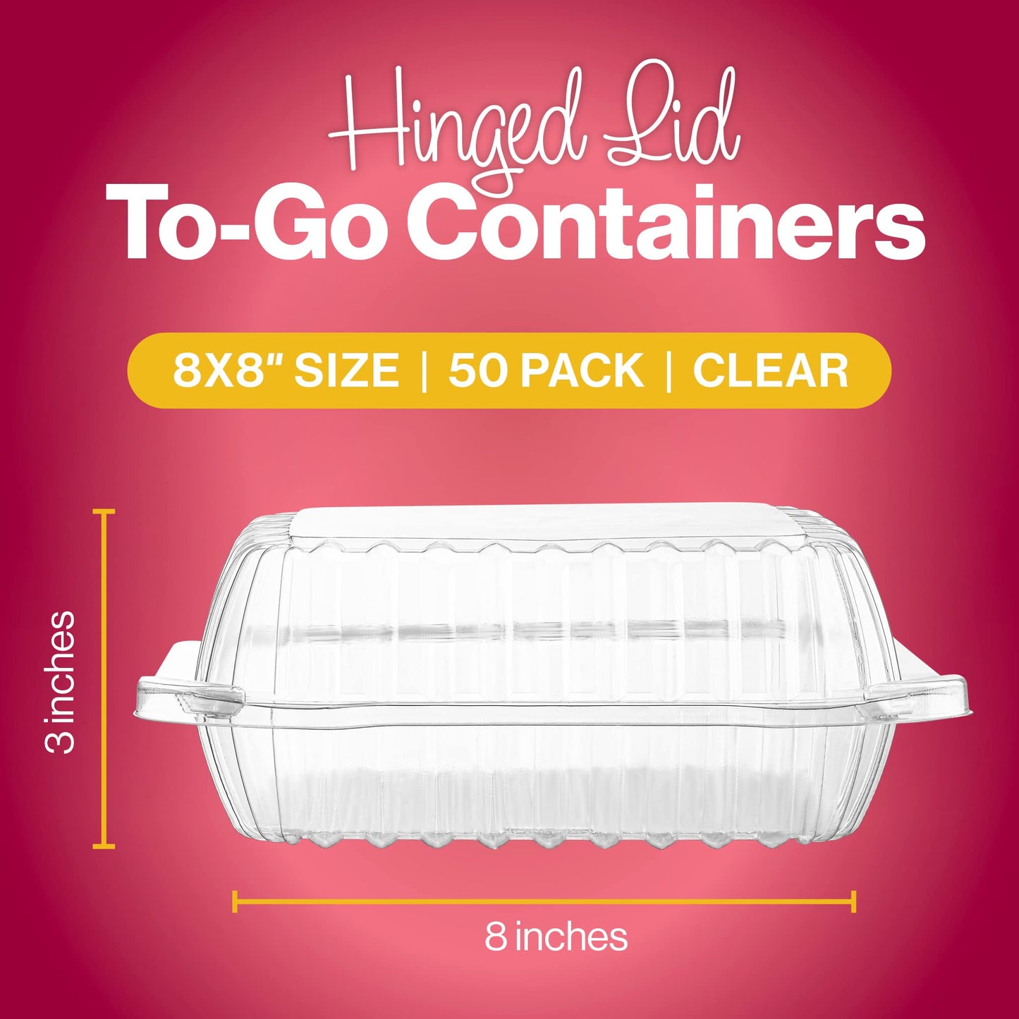 50 Clear Plastic Containers, 8" X 8" X 3" Hinged Lid Togo Clamshell Food Containers for Food, Strawberry Boxes, Bakery Supplies, Cake, Cookie, Dessert, Salad, Treat Boxes