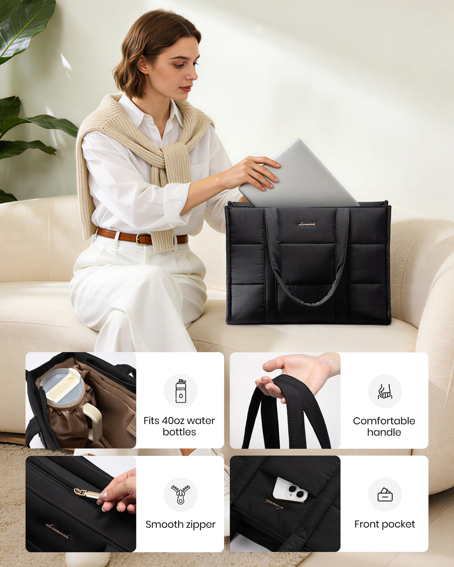 LOVEVOOK Laptop Bag for Women, Puffer Tote Bag for Work 15.6 Inch Large Computer Briefcase for Teacher Nurse, Quilted Lightweight Casual Shoulder Bag For Travel, Daily