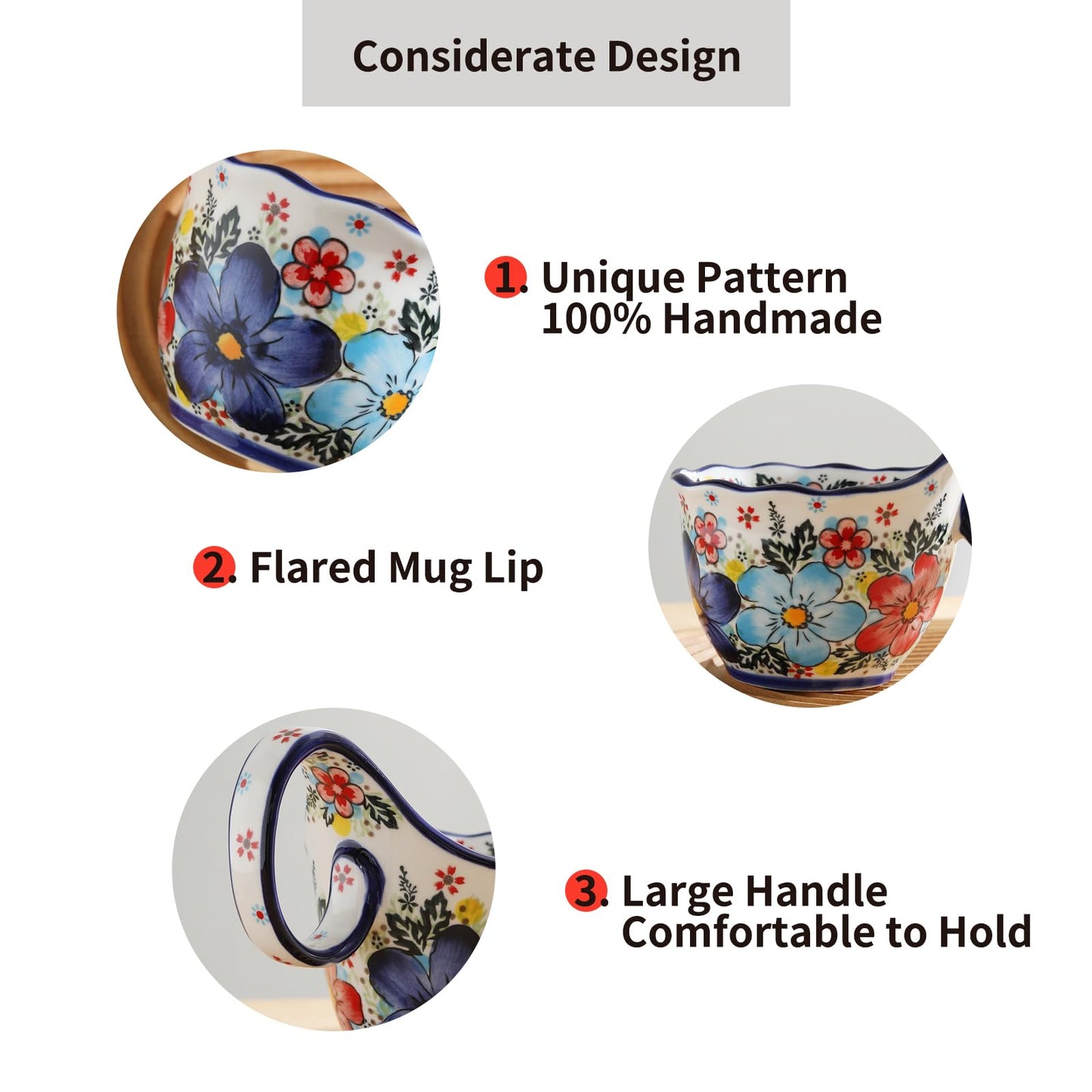 ALMA 18oz Microwavable Soup Bowl with Loop Handle, Handpainted Decorative Mug Big Handle, Ceramic Soup bowl for Mother, Cereal Bowl Great for Fruits, Chili, Stew, Ice cream