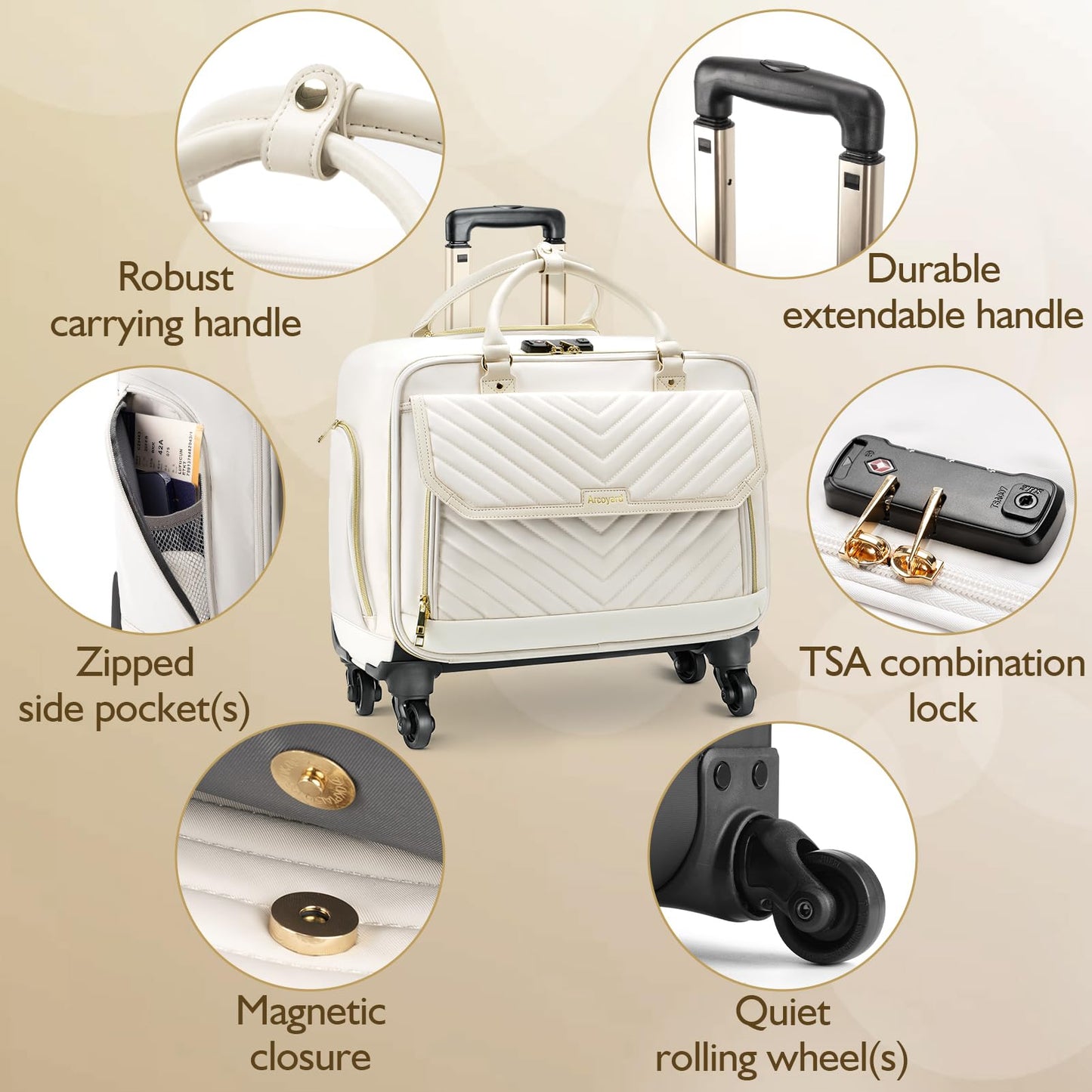 Arcoyard Rolling Briefcase for Women with 4 Spinner Wheels and Telescopic Extendable Handle, Laptop Bag with Wheels, Roller Computer Bag for Work Travel Carry On Luggage, TSA Friendly Design, Beige