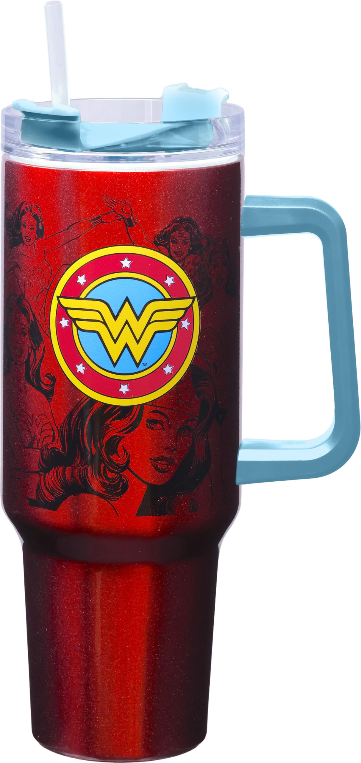 Spoontiques DC Comics Stainless Steel Travel Mug, 40oz - Double Wall Insulation, Sturdy Handle, Sliding Lock Travel Lid - Wonder Woman