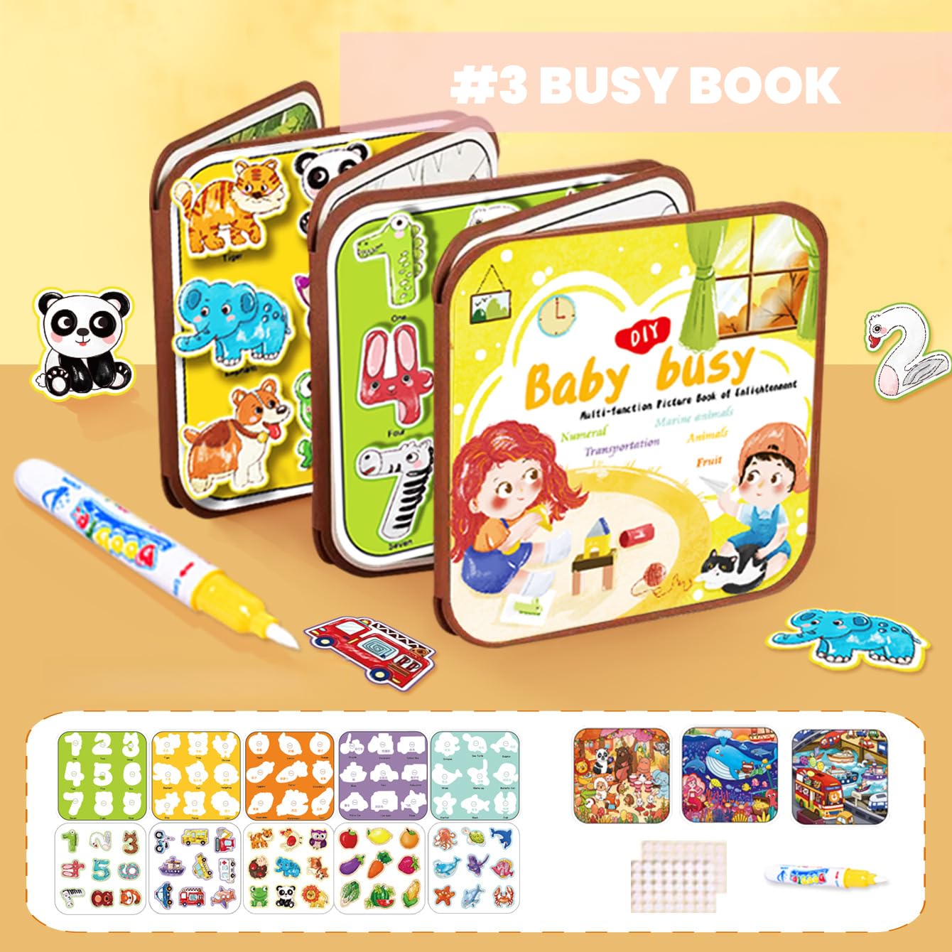 FZRMU Toddler Reusable Water Doodle & Sticker Busy Book Set, 3 Pack (2 Water Painting Books + 1 Preschool Activity Book) with Pens & Cards, Mess-Free Educational Learning Toys for Kids Ages 3+