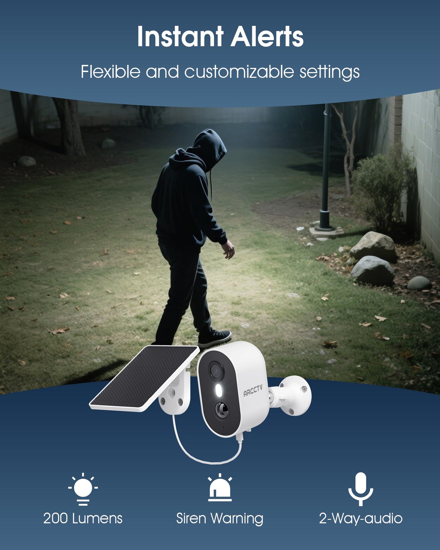 ARCCTV Security Camera Wireless Outdoor, 4MP Recharge Battery Powered WiFi Camera with Solar Panel, Motion Detection, Color Night Vision, 2-Way-Audio, 2.4G/5G Dual Band WiFi (2 Pack)