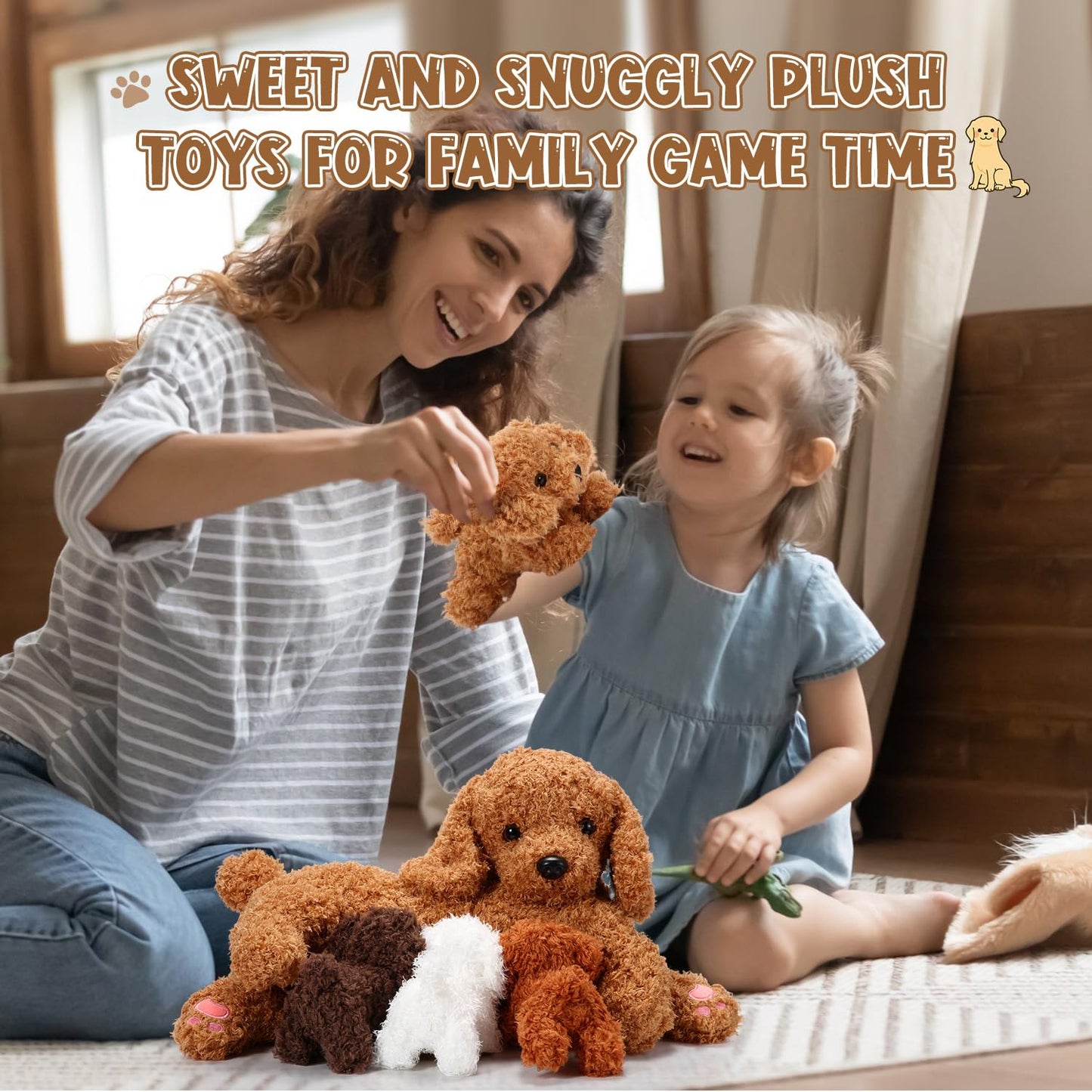 Honoson Nurturing Dog Stuffed Animal with Puppies, Mommy Dog with 4 Baby Puppy Soft Cute Stuffed Plush Dog Puppy for Kids Birthday Gifts Party Favors (Curly Dog)