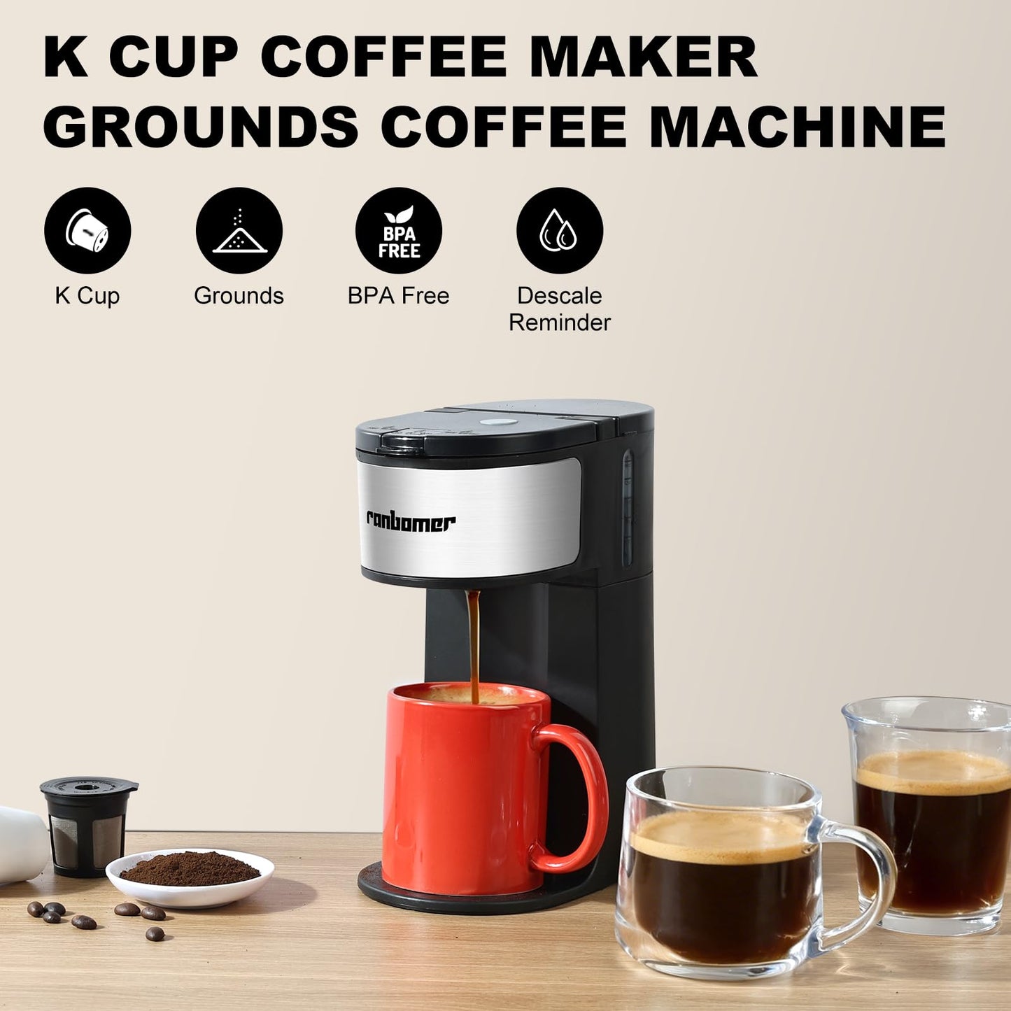 Ranbomer K Cup Coffee Maker, Single Serve coffee machine or Ground Coffee Machine 2 in 1, 6 to 14 Oz Brew Sizes, Mini One Cup Coffee Maker with Self cleaning Function, Fits Travel Mug Black