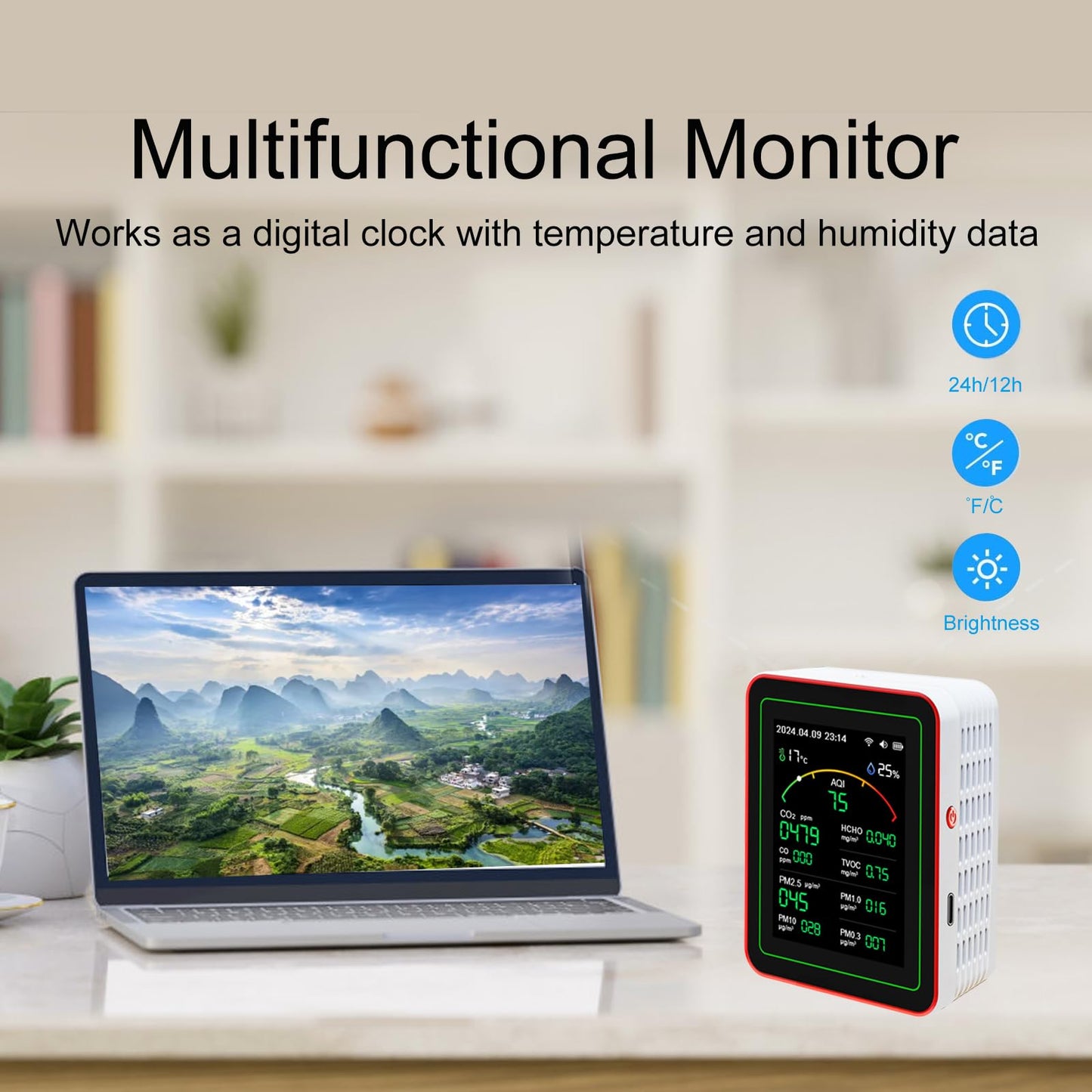 Air Quality Monitor,15-in-1 Smart Air Quality Tester with PM,CO2,CO,TVOC,HCHO,PM,AQI,Temperature & Humidity,Timer,Real Time Display,Battery Powered,for Home & Office