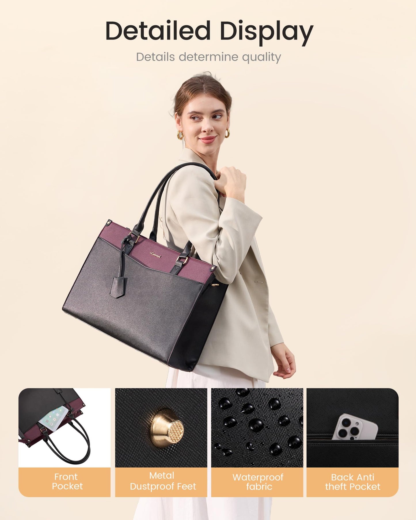 LOVEVOOK 15.6 inch Laptop Bag for Women, 2-in-1 Multi-Pocket Leather Tote Purse with Elegant Clutch & Cup Holder, Waterproof Large Structured Capacity Work Briefcase for Office Travel, Wine Red-Black