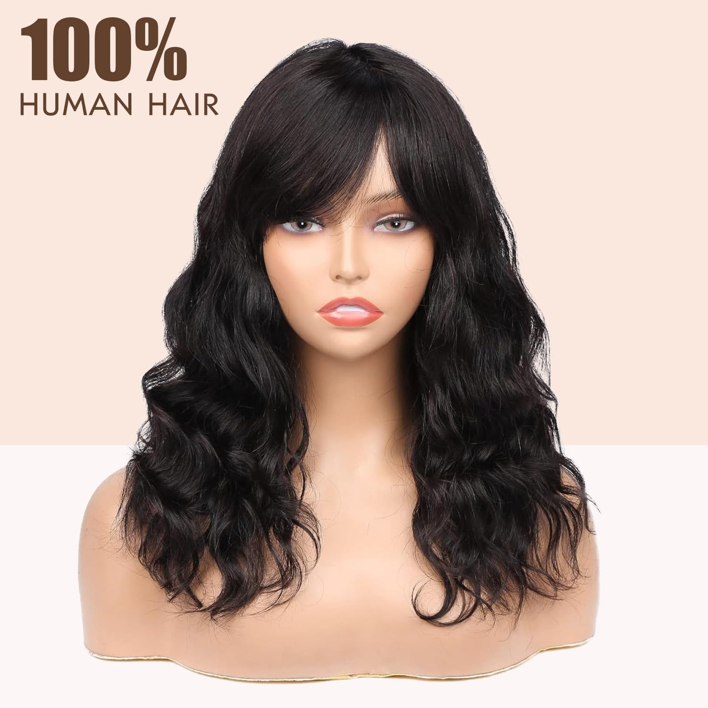 WIGNEE 100% Virgin Human Hair Natural Wave Wigs with Bangs Brazilian Human Hair Wave Wigs For Black Women Natural Black Color (14 Inch)
