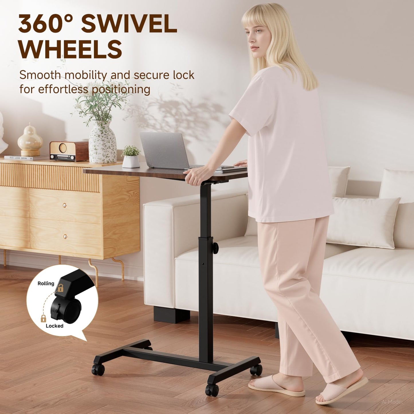 GTPLAYER Small Standing Desk, 24 Inches Foldable Mobile Rolling Laptop PC Table with Lockable Casters, Adjustable Height Overbed Bedside Table Computer Workstation for Home Office, Dark Brown-Foldable