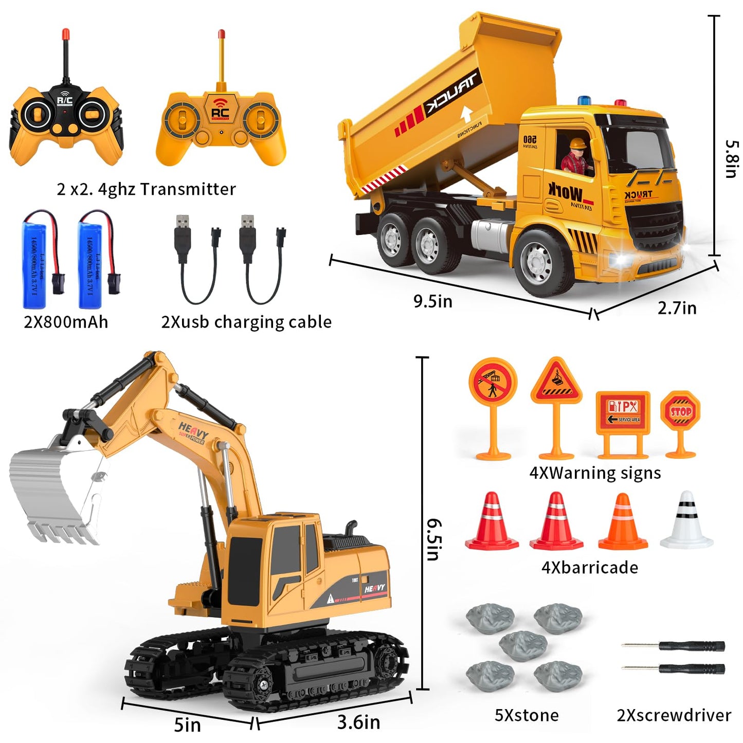 MQDMINI Remote Control Excavator and Dump Truck Toy Set - RC Construction Vehicles Toy with Barricades, Road Signs, Simulated Rocks, Lights and Sounds, Present for Toddlers 3-12 Year Boys Girls