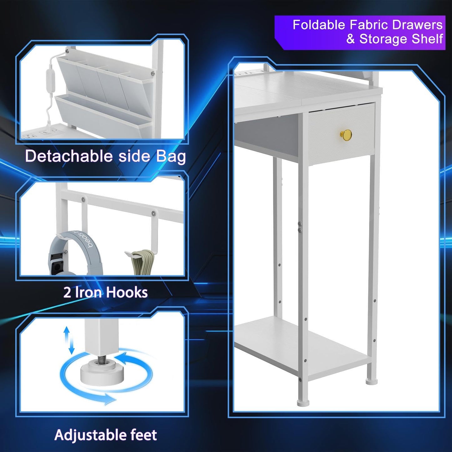 Jakyitvi 33.7" Computer Desk with Power Outlets, LED Lights & Drawer, Small Office Desk with Storage Bag & Hooks, Gaming Desk for Bedrooms or Home Office, Compact Study Desk for Small Spaces,White