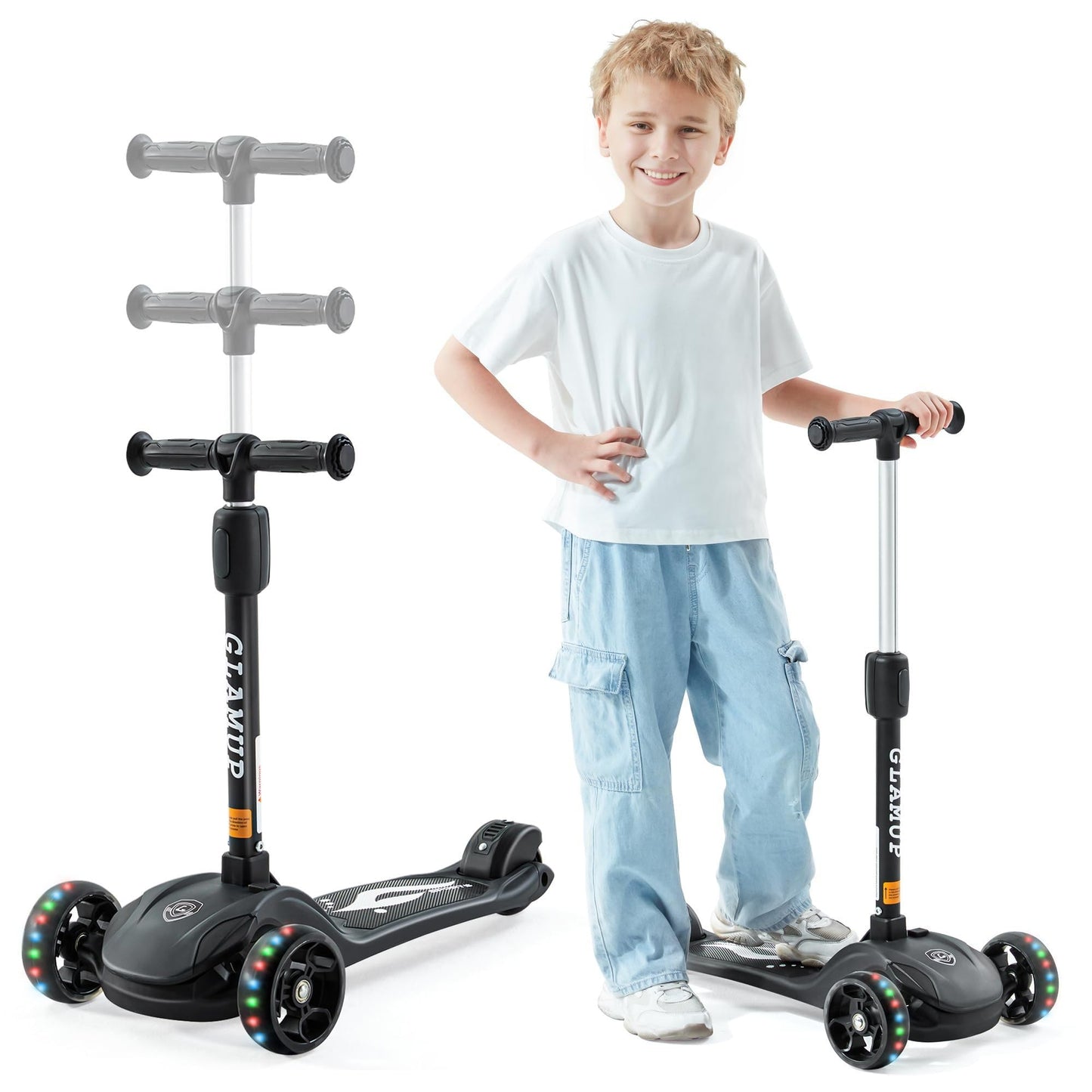 GLAMUP Kick Scooter Adjustable Height Adjustable Handlebar,Kids Scooter 3 Wheel with LED Lights,Suitable Kids Ages 2,Ages 6,Ages 8,Extra Wide Deck for Boys and Girls, Black