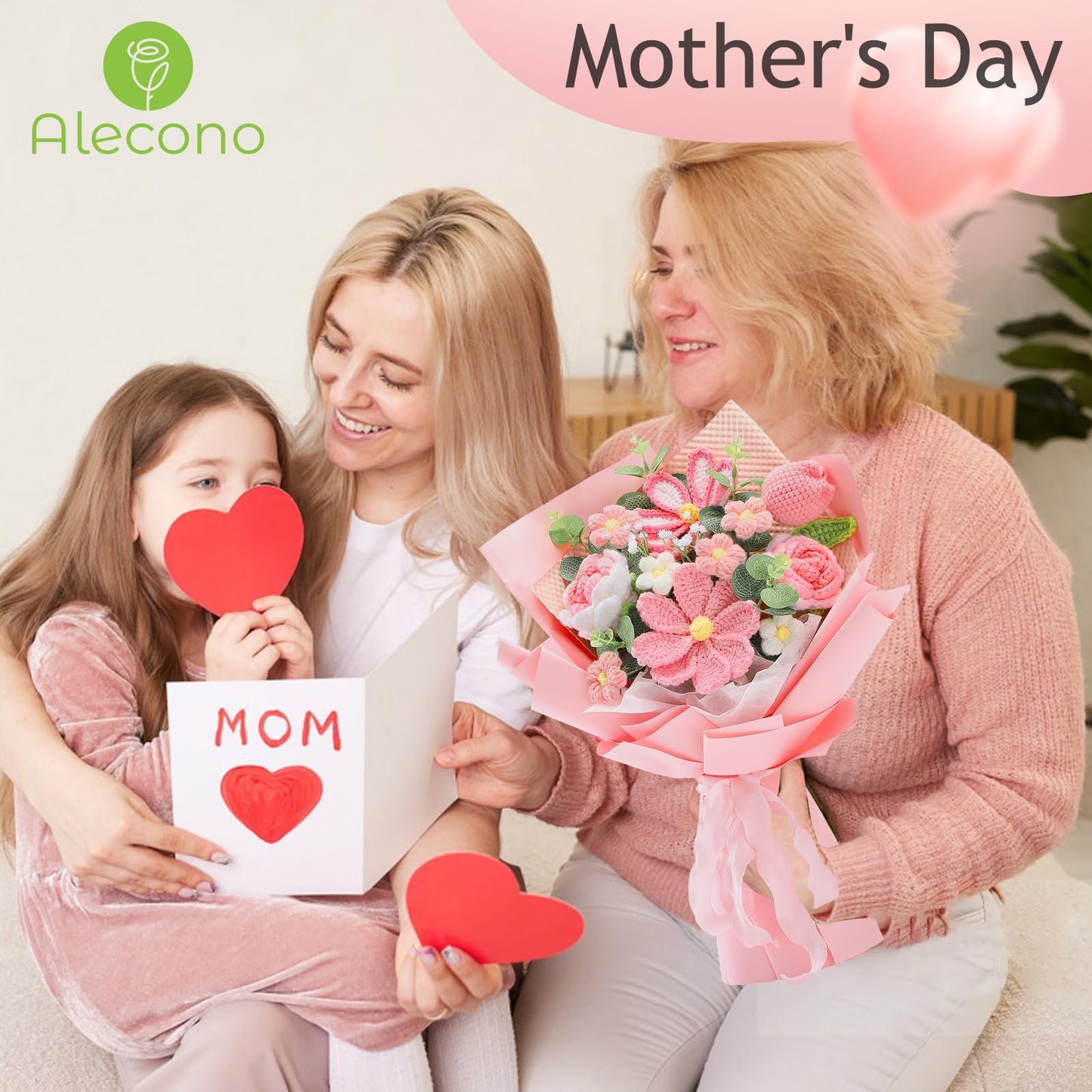 Alecono Crochet Flower Bouquet, Pink Knitted Flowers, Crochet Tulip Galsang Flower for Lover Anniversary Birthday Party Mother's Day Graduation Gifts (Include Card)