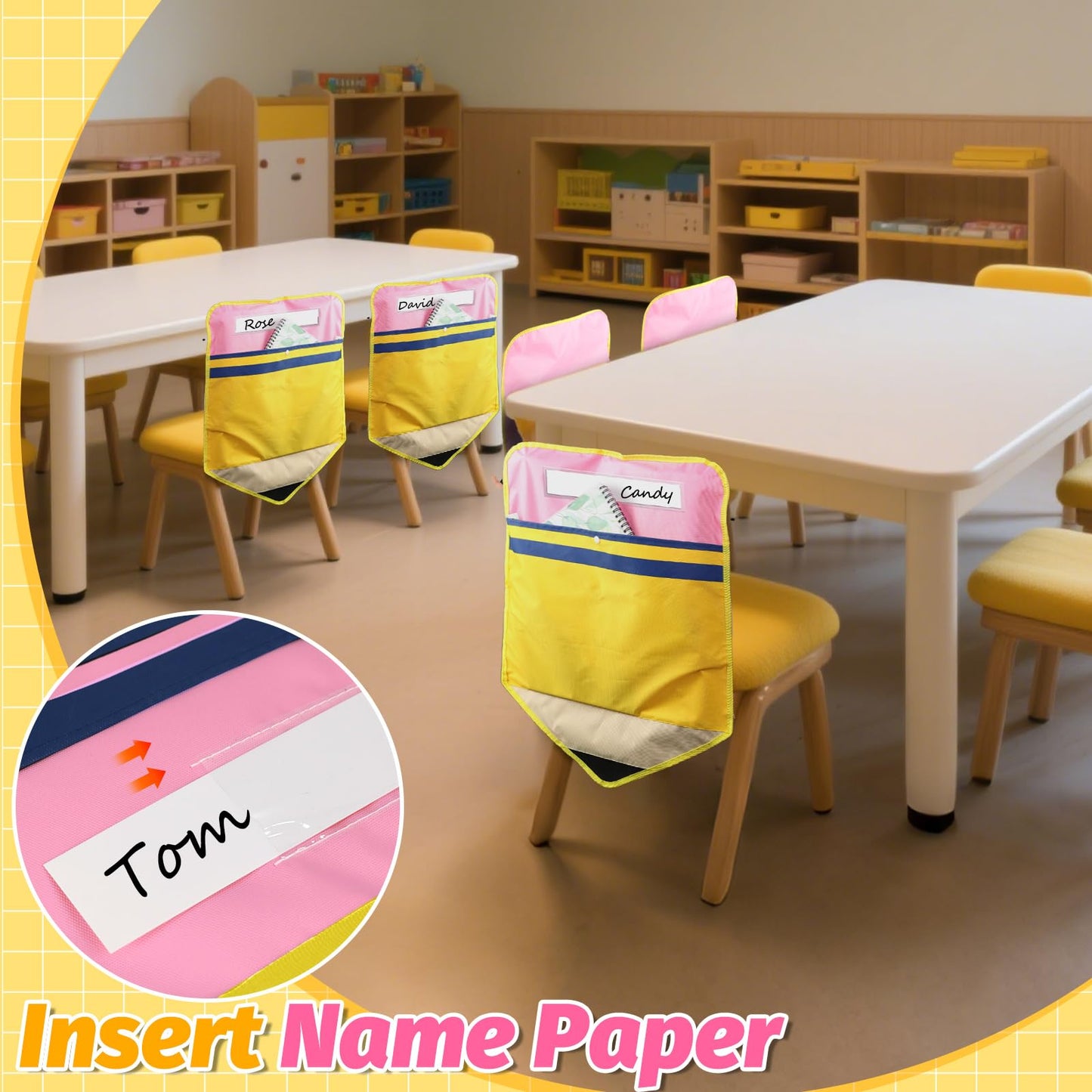 AKAIXI Chair Pockets for Classrooms Set of 24 Pencil Chairback Buddy Pocket for Kids 17 X 18 Inch Chair Organizer with Name Slot Seat Storage Pockets for Classroom Home, 24 Pcs White Card Paper