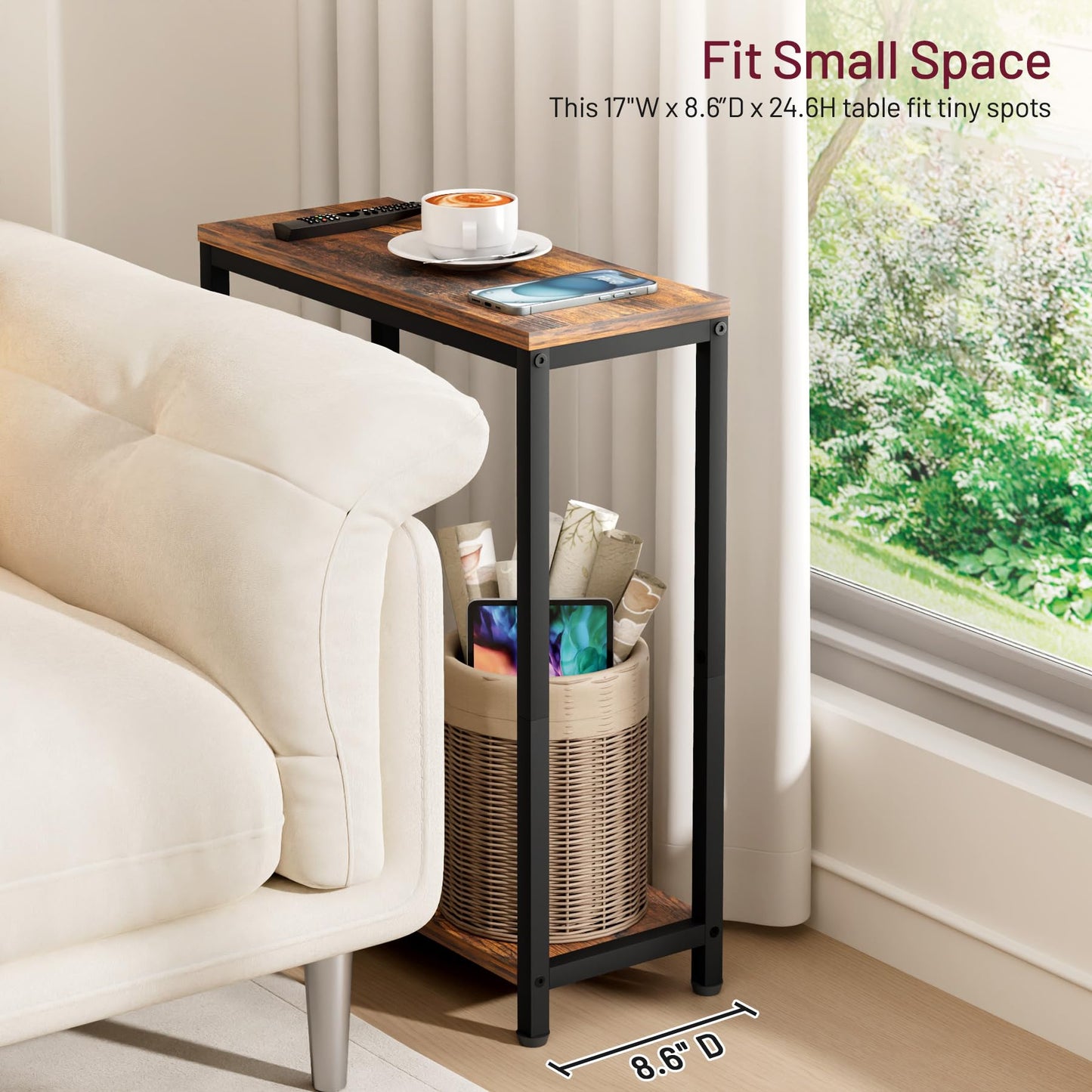 SLEEPING LAMB Narrow End Tables Living Room Set of 2 Small Side Table for Small Space, 2 Tier Slim Skinny Night Stand for Bedroom, Couch Beside Nightstands, Rustic Brown and Classic Black