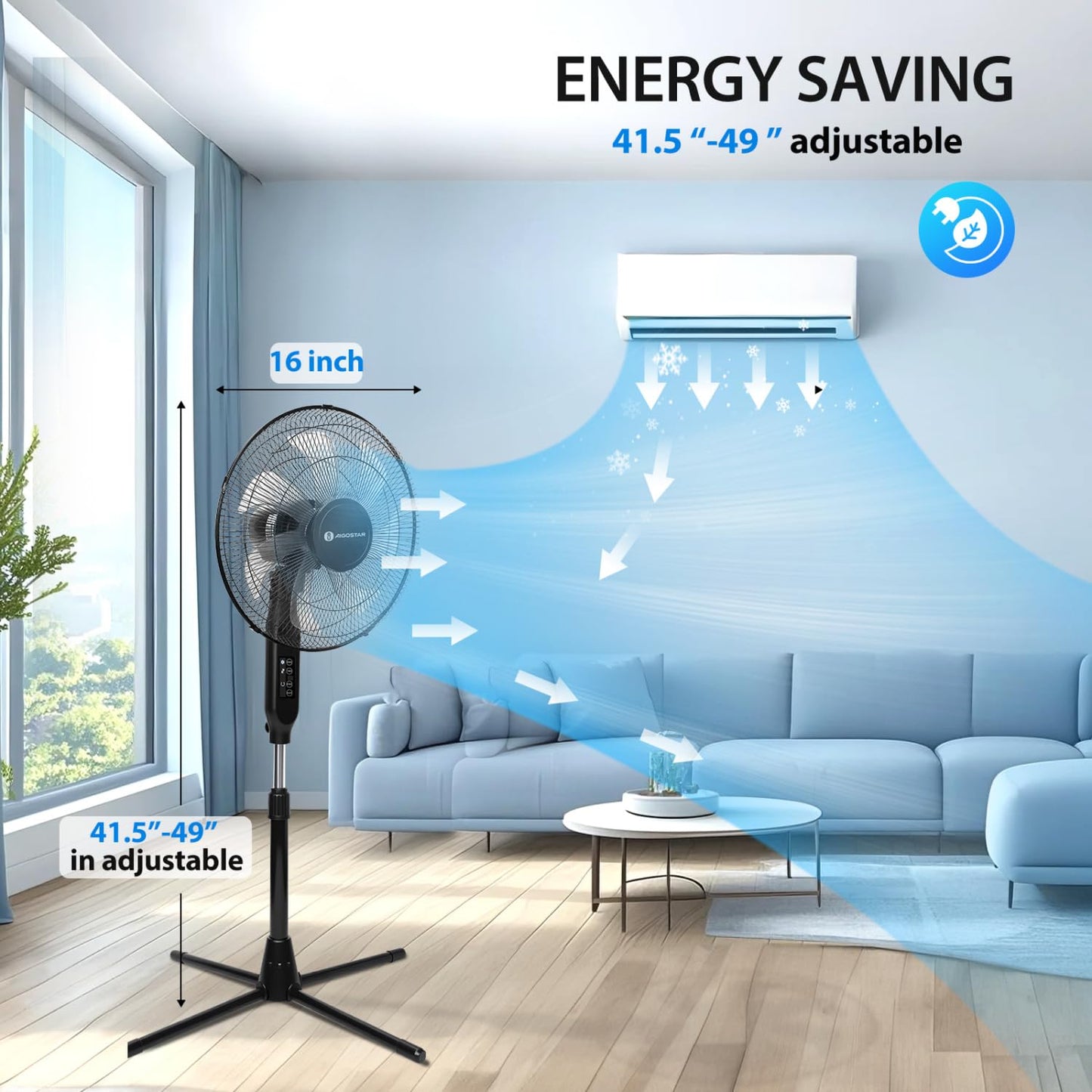 Aigostar 7-Blade Pedestal Fan Oscillating with Remote, 16" Standing Fan for Bedroom, 9H Timer, 3 Speeds, 3 Modes, Adjustable Height and Tilt, Floor Fan for Living Room, Kitchen, Home, and Office