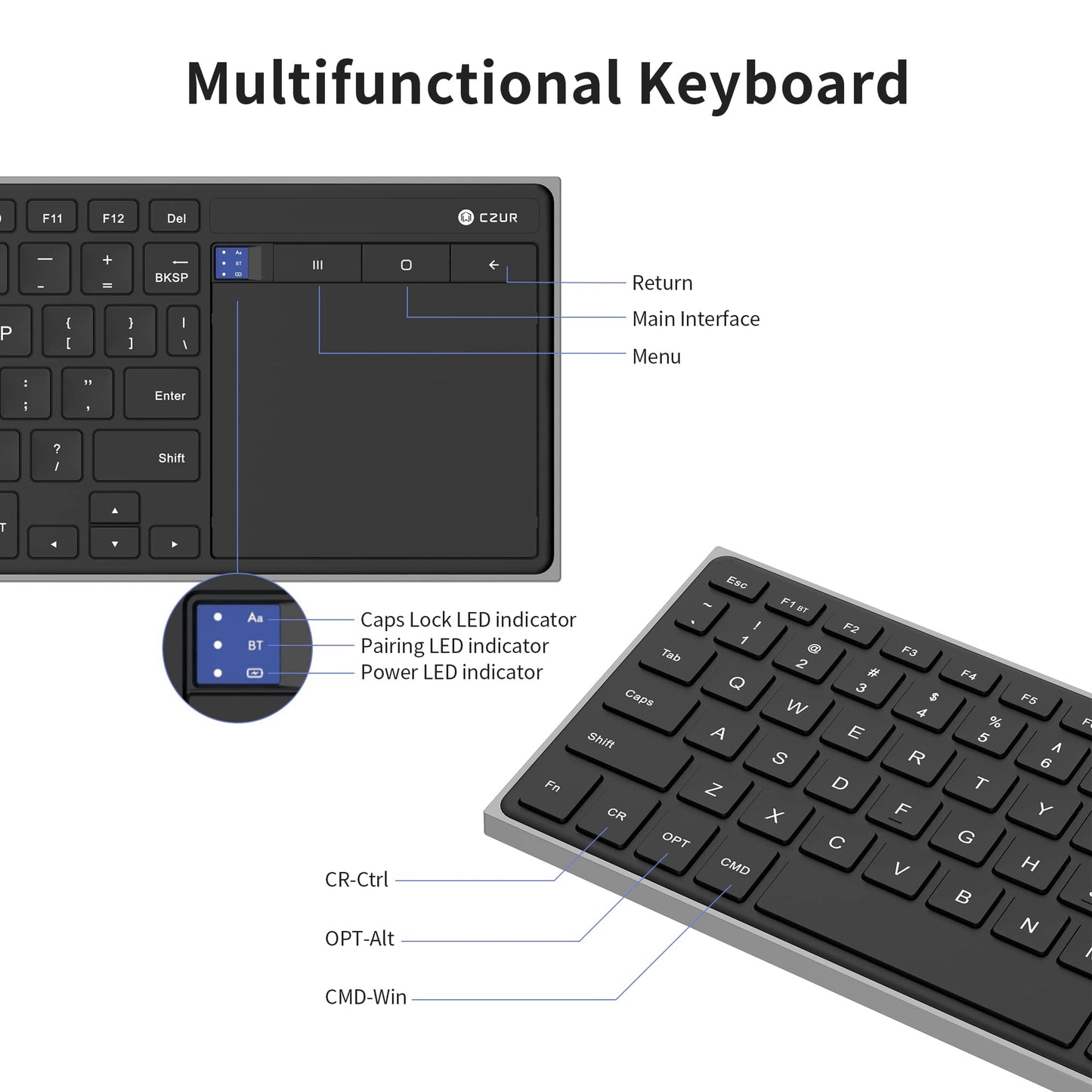 CZUR Rechargeable Bluetooth Keyboard with Touchpad, Portable Computer Keyboard with Trackpad, Wireless Ultra Slim Keyboard for PC/Laptop/Tablet/Phone/Smart TV