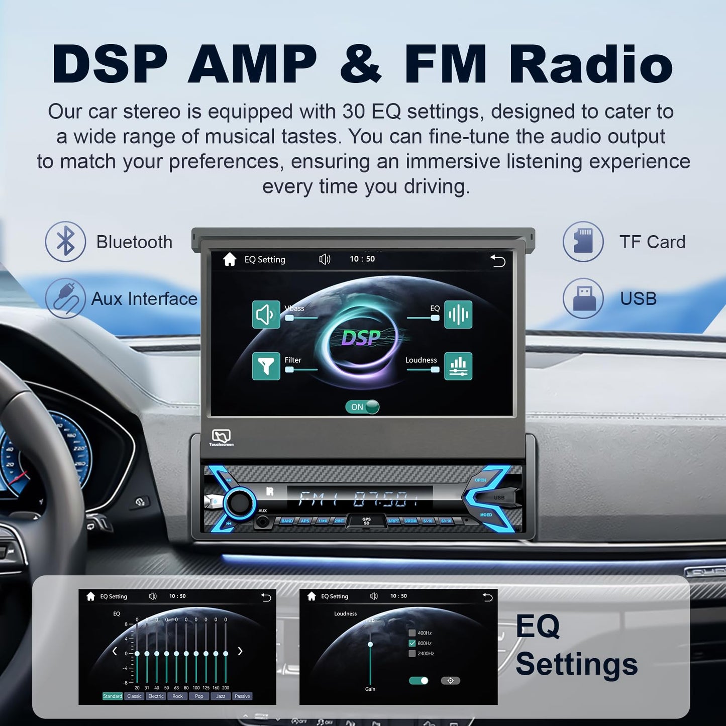 2025 7-inch Motorized Flip-Out Single Din Car Stereo with Apple CarPlay & Android Auto, Bluetooth, HD Touchscreen, Backup Camera, USB/SD/AUX Input, AM/FM Radio, Subwoofer Support & DSP