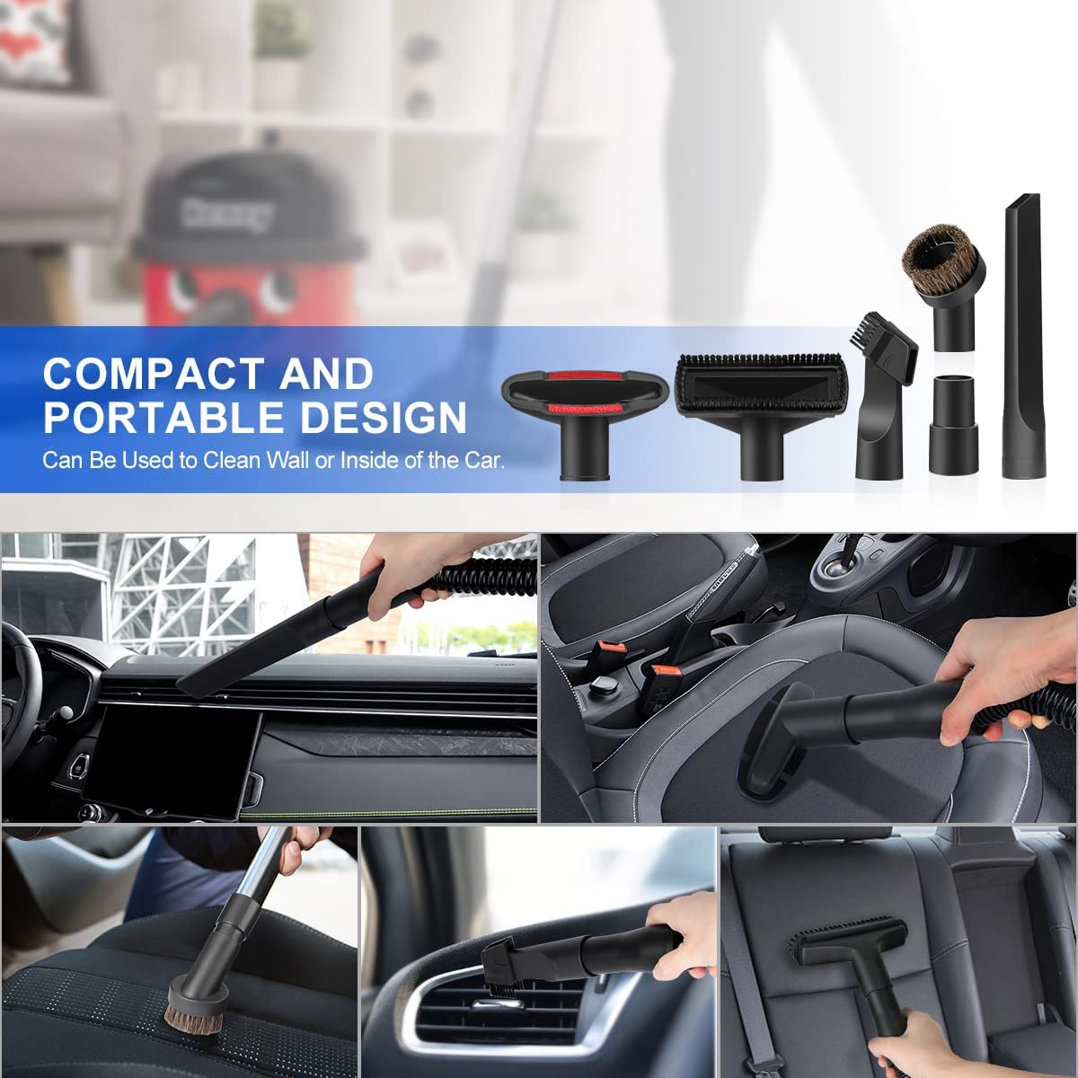14Pcs Universal Vacuum Attachment Professional Shop Vac Accessories Wet Dry Vacuum Hose Adapter with Hair Brush Extension Wand Flexible Crevice Tool fit 2 1/2" to 1 1/4" and 1 7/8" to 1" Vacuum Hose