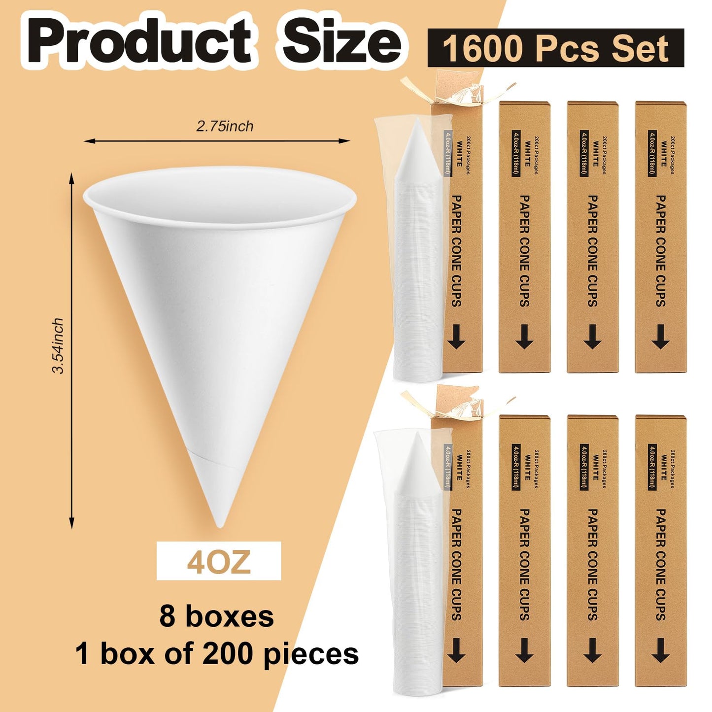 Roshtia 1600 Pcs Paper Cone Cups Thicken Disposable Cone Cups for Shaved Ice, Slushies Water Cooler Dispenser, White (4 oz)