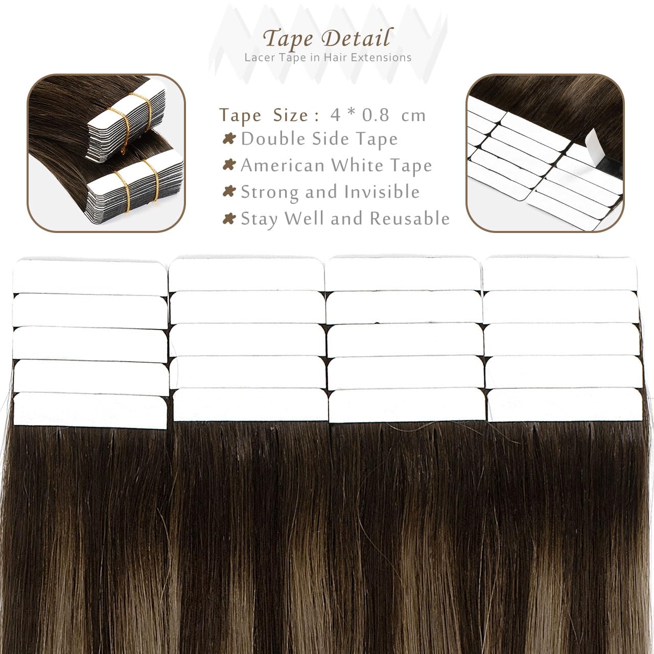 Lacer Ombre Tape in Hair Extensions Human Hair Chestnut Brown Mixed Dark Brown with Dark Brown Roots Seamless Double Sided Skin Weft Natural Hair Tape in Extensions 20 Inch 50g 20pcs