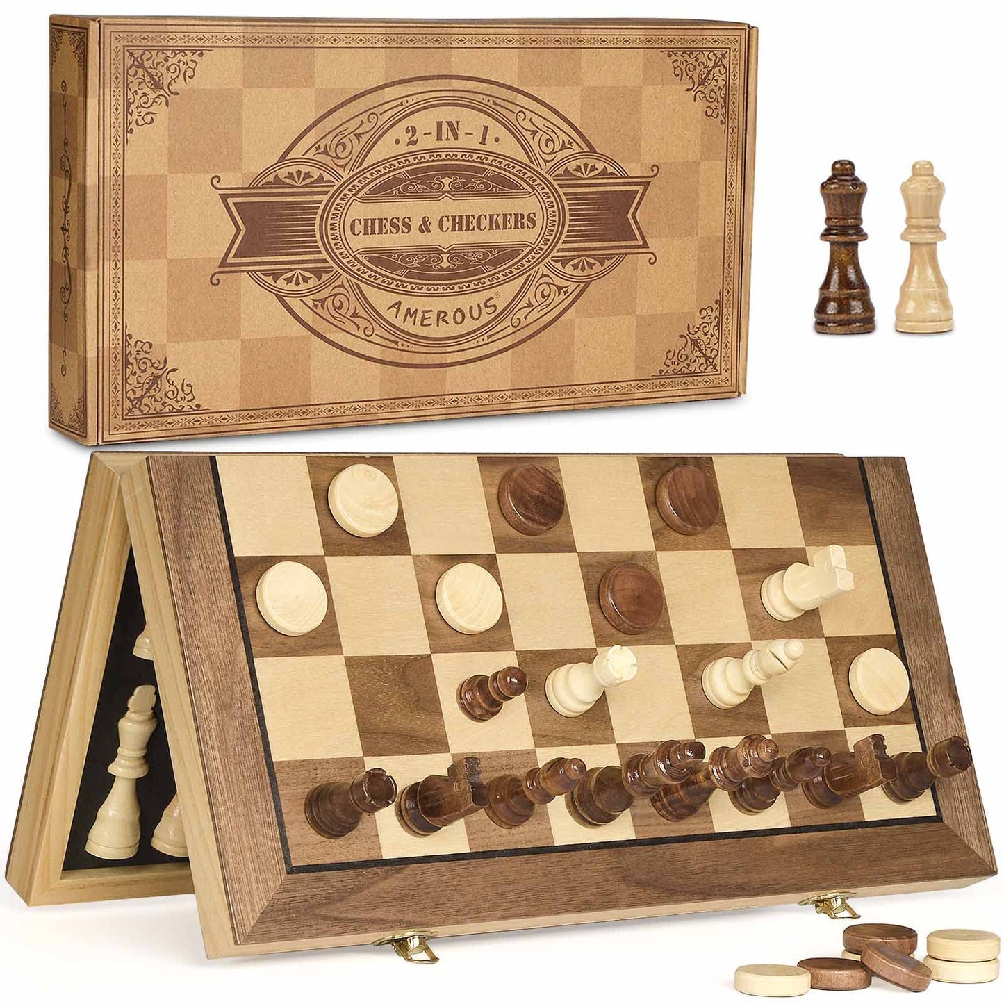 AMEROUS 15'' Magnetic Wooden Chess & Checkers Game Set -2 Extra Queens -24 Cherkers Pieces - Chessmen Storage Slots, Beginner Chess Set for Kids and Adults, Classic 2 in 1 Board Games