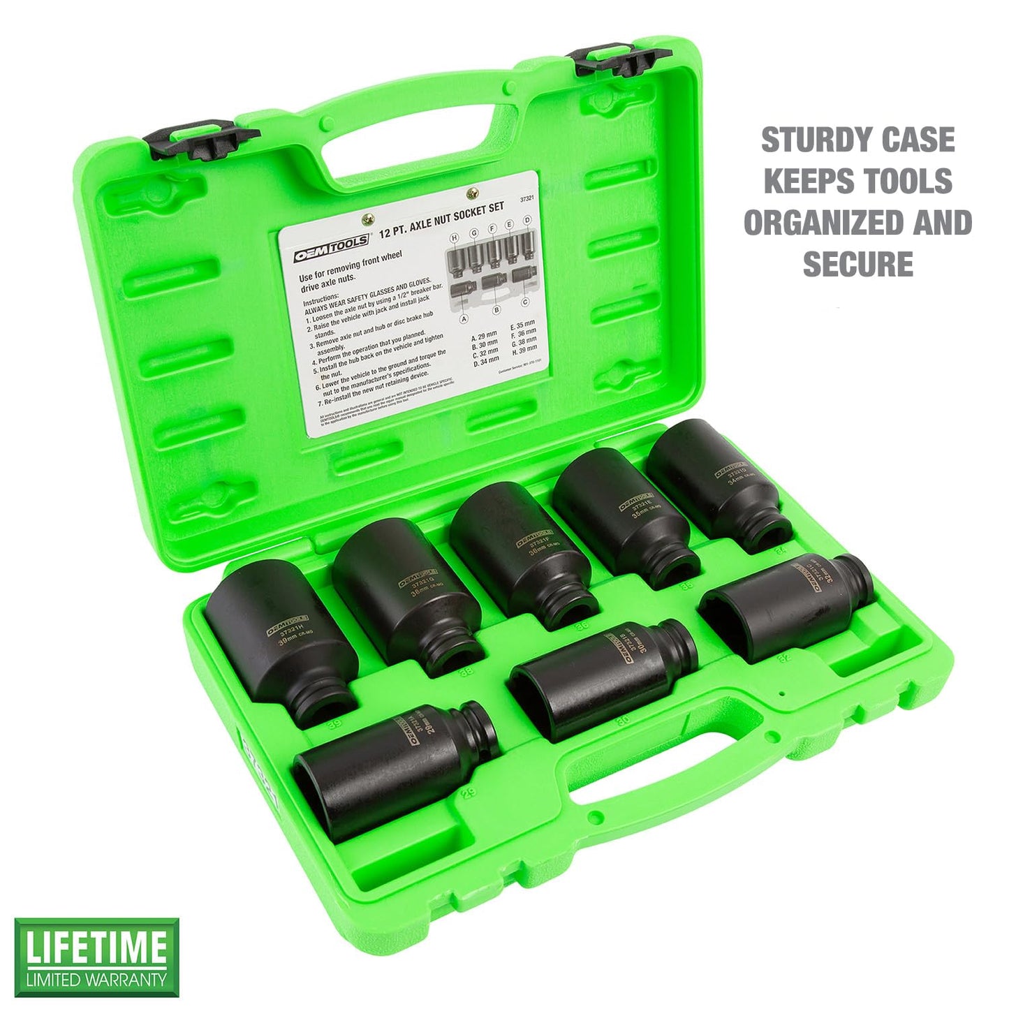 OEMTOOLS 37321 8 Piece 1/2 Inch Drive Axle Nut Socket Set, 12 Point Set, 29mm, 30mm, 32mm, 34mm, 35mm, 36mm, 38mm, and 39mm Socket Set with Case