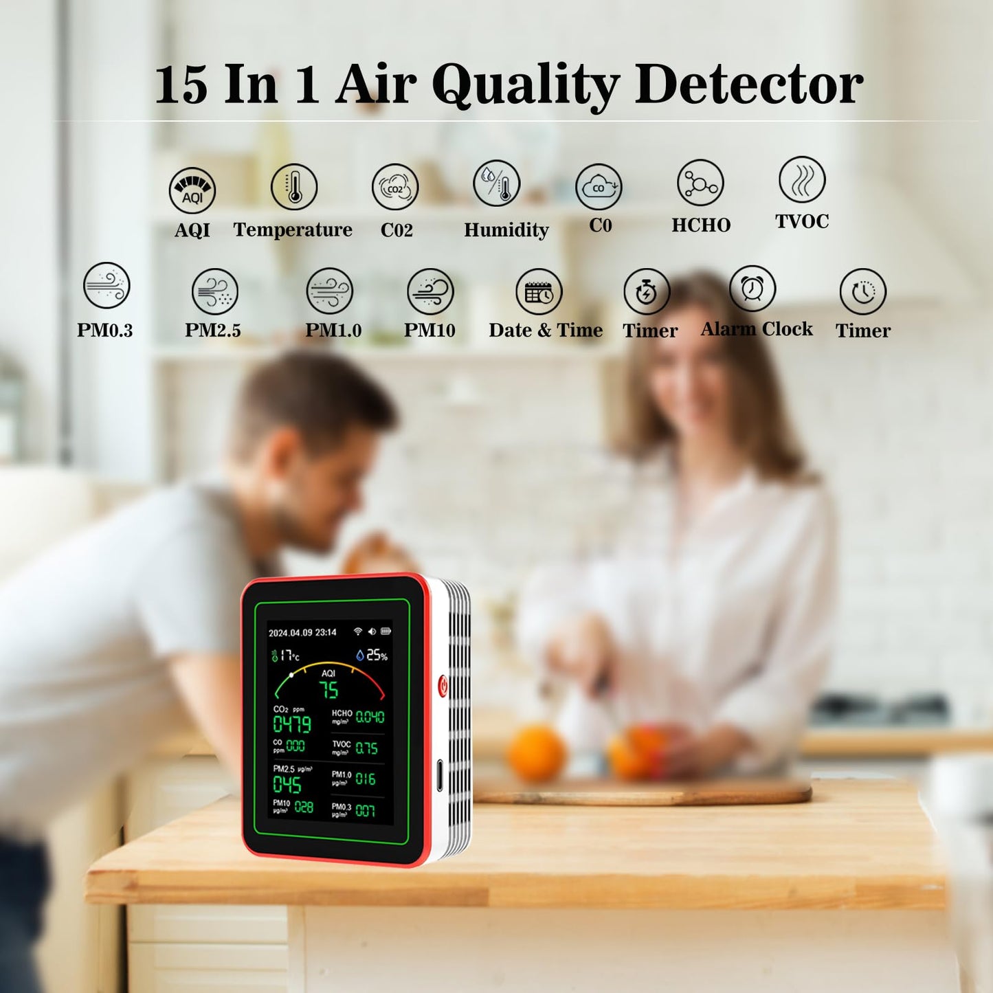 Air Quality Monitor,15-in-1 Smart Air Quality Tester with PM,CO2,CO,TVOC,HCHO,PM,AQI,Temperature & Humidity,Timer,Real Time Display,Battery Powered,for Home & Office