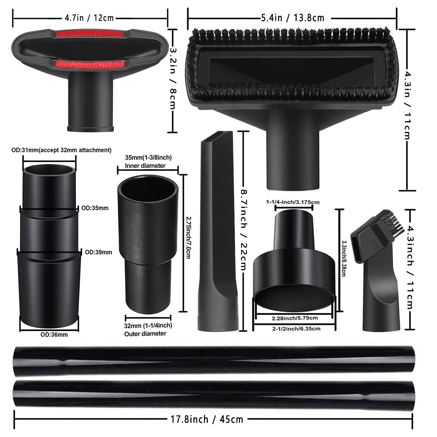 14Pcs Universal Vacuum Attachment Professional Shop Vac Accessories Wet Dry Vacuum Hose Adapter with Hair Brush Extension Wand Flexible Crevice Tool fit 2 1/2" to 1 1/4" and 1 7/8" to 1" Vacuum Hose