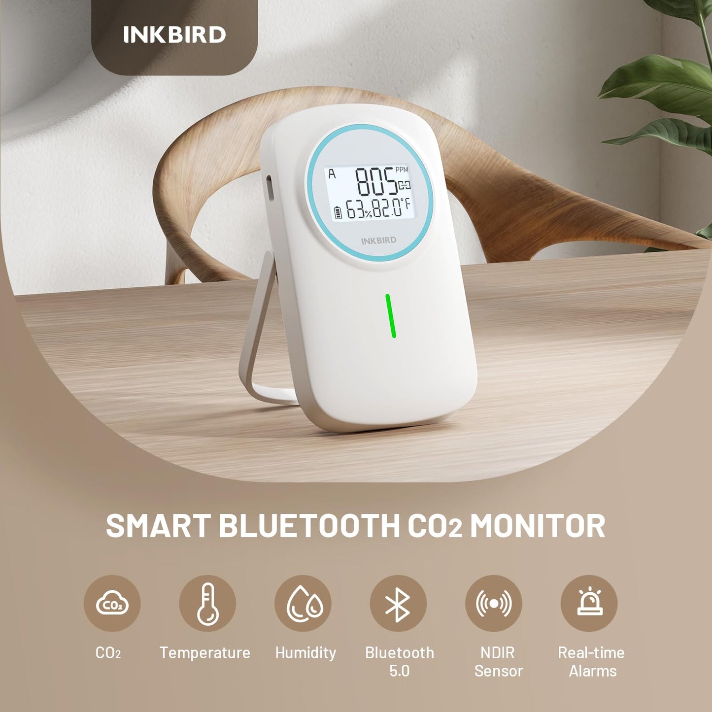 INKBIRD Smart CO2 Monitor Ndir | Bluetooth 3 in 1 CO2 Detector with App | Carbon Dioxide & Temperature & Humidity Air Quality Monitor Indoor Battery Powered | for Home, Office, RV, Grow Tent (IAM-T2)