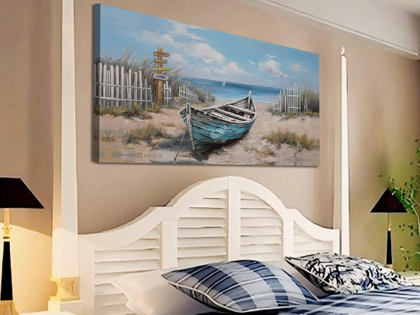 Ardemy Blue Coastal Wall Art Textured Beach Painting Turquoise Teal Sea Shore Picture Modern Boat Artwork Framed Living Room Bedroom Kitchen Bathroom Dinning Room Home Office Wall Decor Large 48"x24"