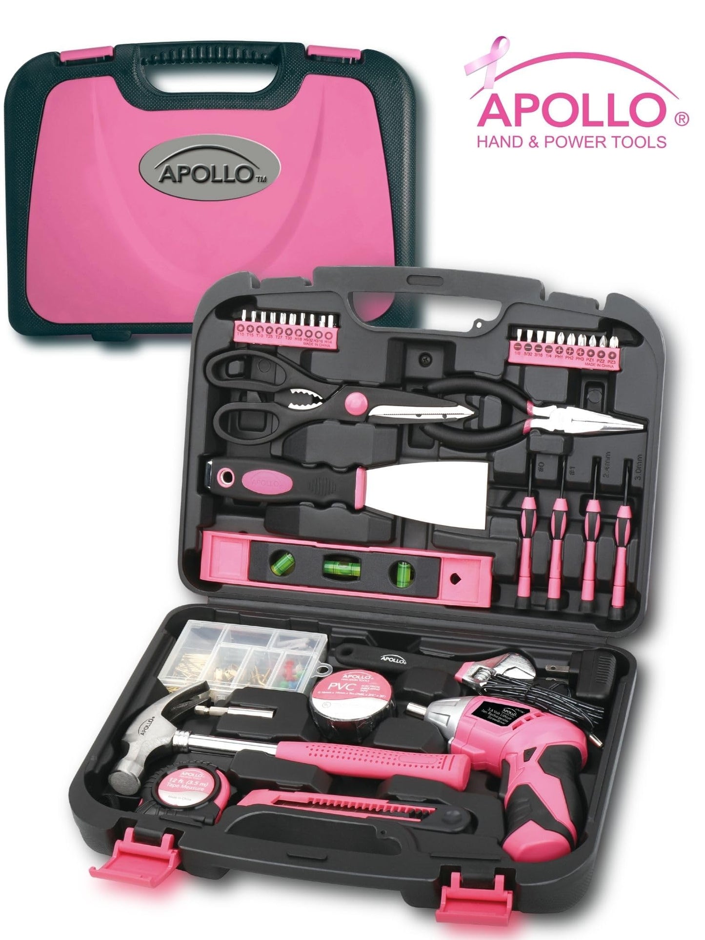 Apollo Tools 135 Piece Household Pink Hand Tools Set with Pivoting Dual-Angle 3.6 V Lithium-Ion Cordless Screwdriver - DT0773N1