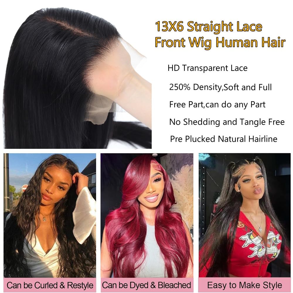 13x6 Lace Front Wigs Human Hair 250% Density Straight HD Transparent Lace Front Human Hair Wigs for Women 13x6 Straight Wigs Brazilian Wigs Human Hair Natural Color(straight wigs, 28 Inch)