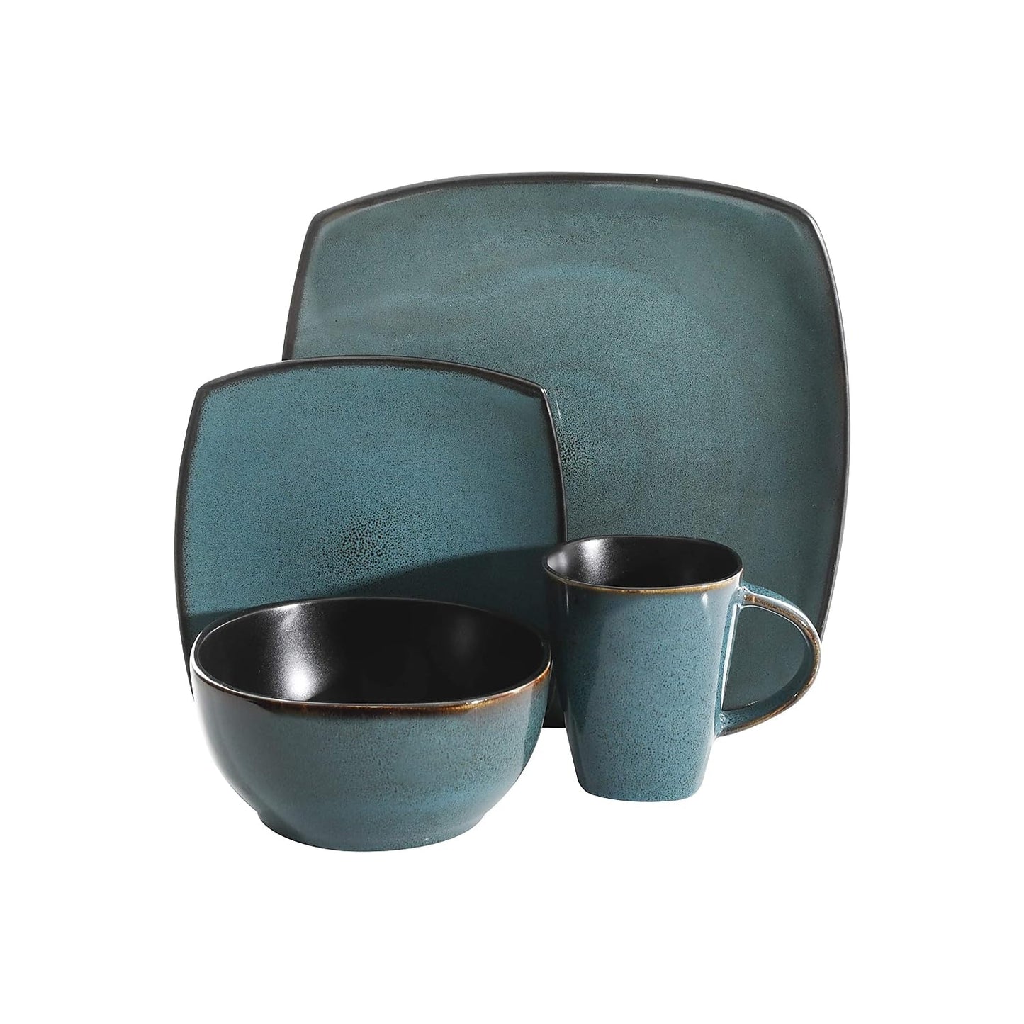 Gibson Elite Soho Lounge 16 Piece Reactive Glaze Dinnerware Set, Soft Square, Teal Green, Service for 4 (16pc)
