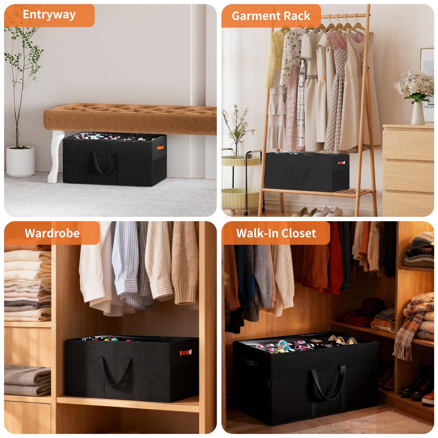 Aokeyee 2 Pack Shoe Organizer for Closet, Large Shoe Storage Box Fits up to 48 Pairs, Space Saving Foldable Shoes Organizer Bin w/Clear Cover and 4 Reinforced Handles, Black