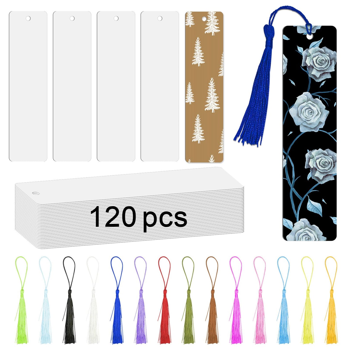 120 Pcs Sublimation Bookmark Blank Heat Transfer Aluminum Metal Bookmarks Bulk DIY Bookmarks with Hole and Colorful Tassels for Crafts,Personalized Tassels Blank Bookmarks