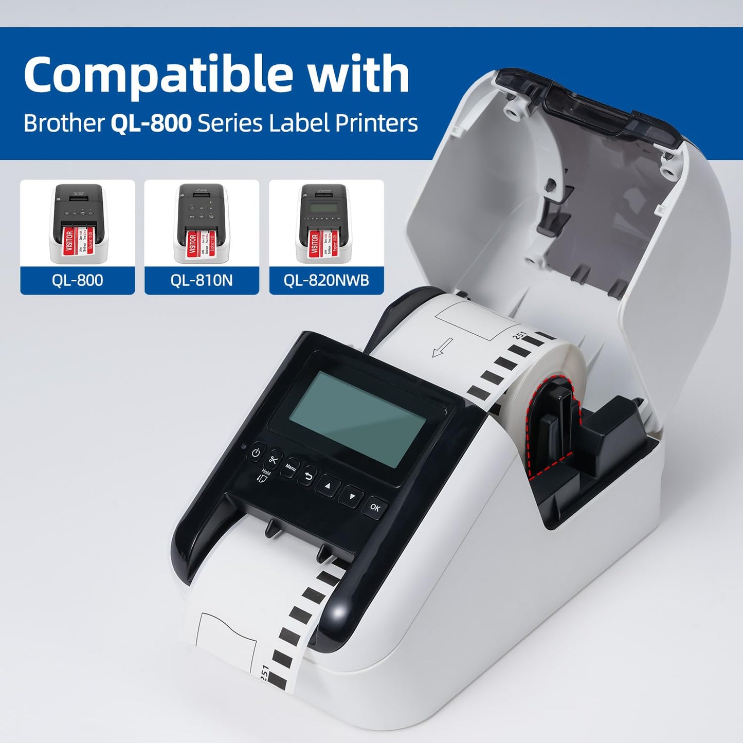 6 Rolls DK-2251 Replace for Brother DK2251 (2-3/7" x 50') Black/Red Continuous Length Labels White Paper Tape, 2.4in x 50ft Use for Brother QL-800, QL-810W, QL-820NWB Printers