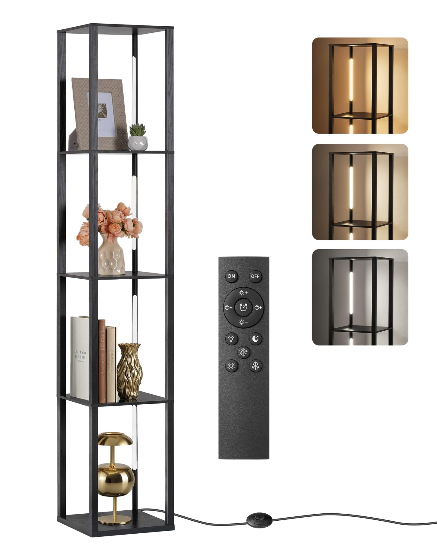 64.2" Display Shelf with Light, Modern Corner Floor Lamp with Shelves, 3000K-6000K LED Dimmable Standing Lamp with Remote for Living Room, Bedroom, Office, Adjustable CCT, Black Square B51LD05
