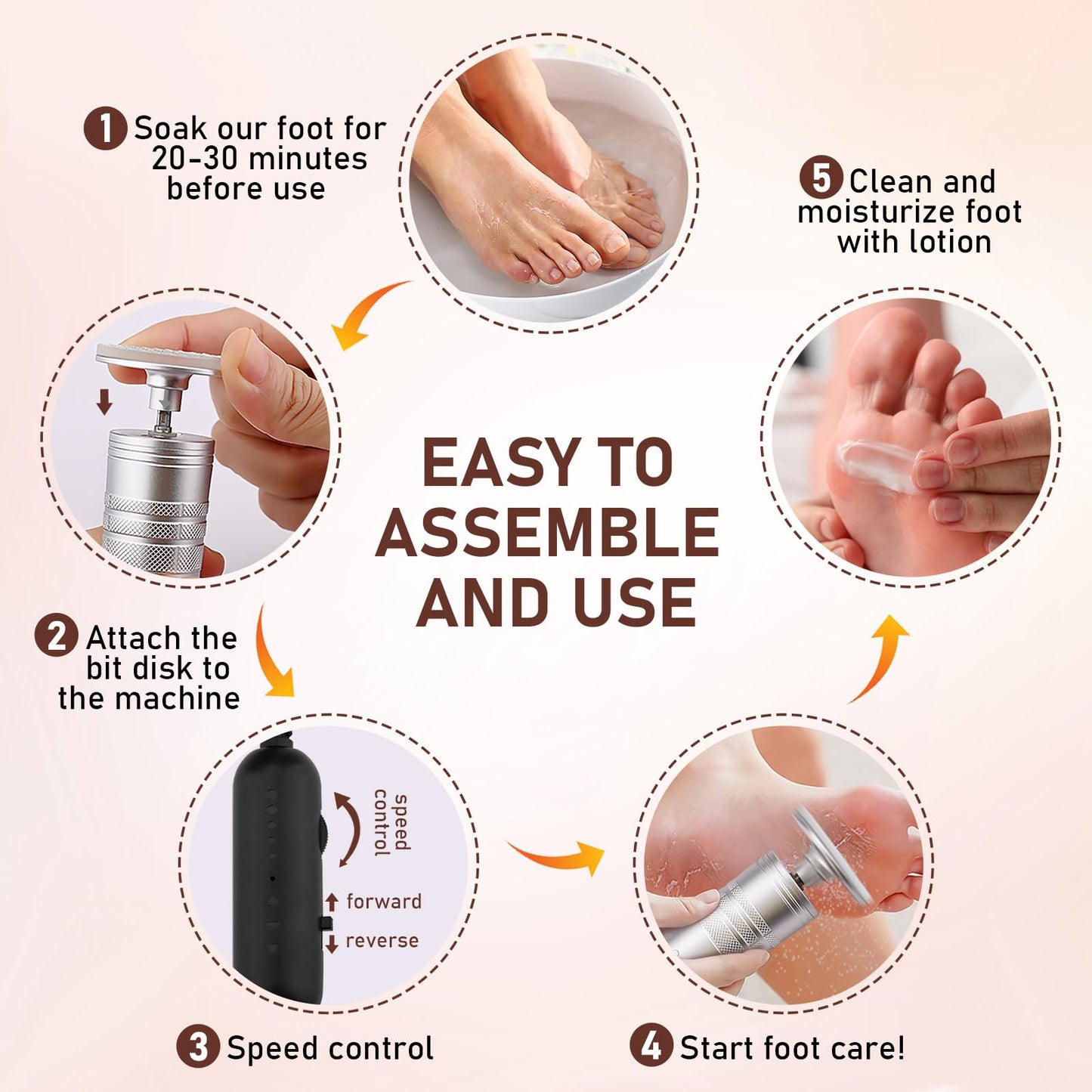 Kredioo Electric Foot Callus Remover 5 Nano Glass Nail File Grinding Heads and Sanding Bands Pedicure Tools for Feet Sensitive Skin Safe Adjust Speed R/F Direction Remove Calluses Dead Dry Skin