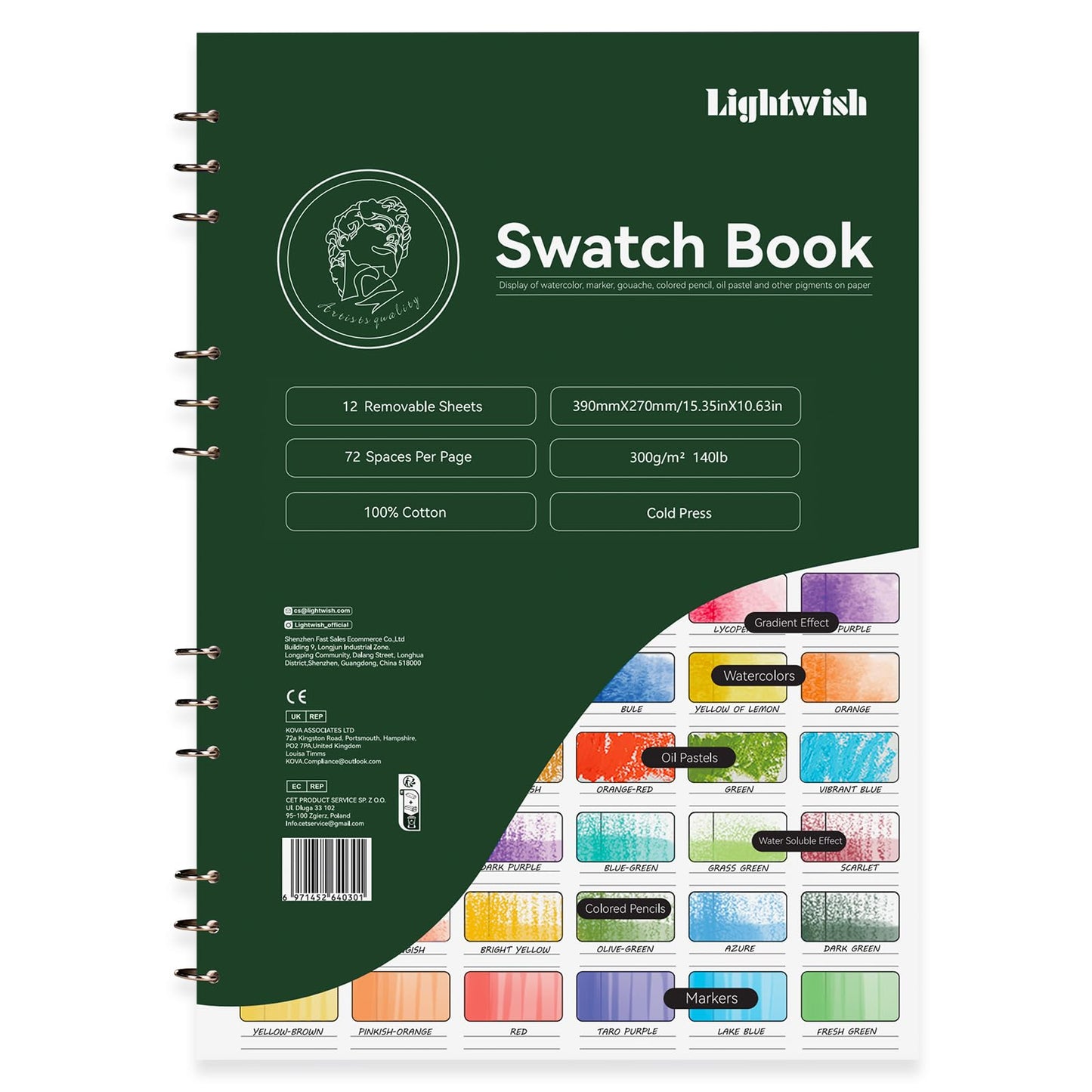 LIGHTWISH Watercolor Swatch Book - 12 Detachable 100% Cotton Sheets 72 Spaces,15.35 * 10.63 In,300gsm/140lb Cold Press for Watercolor, Gouache, Oil Pastels - Spiral-Bound Color Testing Journal